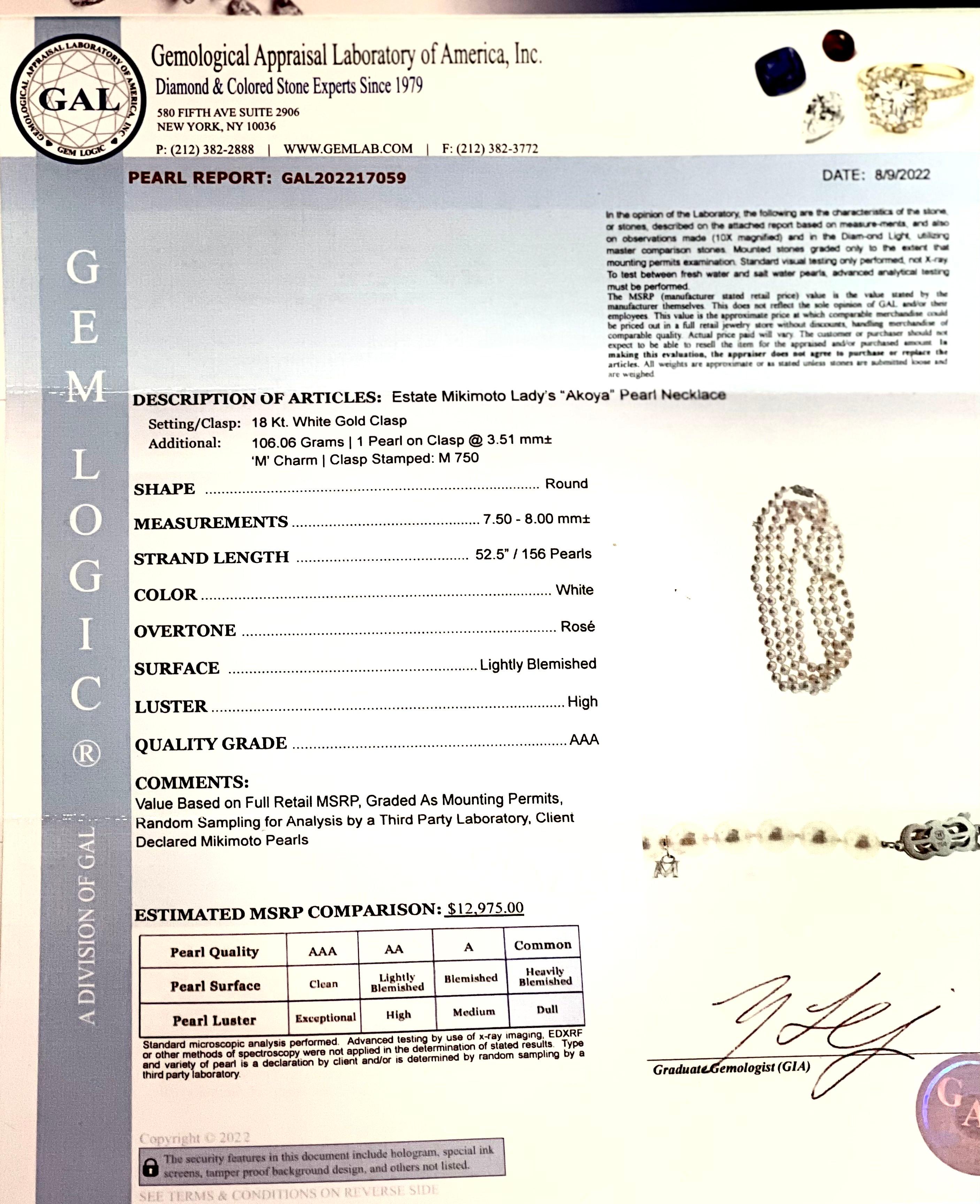 Mikimoto Estate Akoya Pearl Necklace 18k W Gold Certified 7