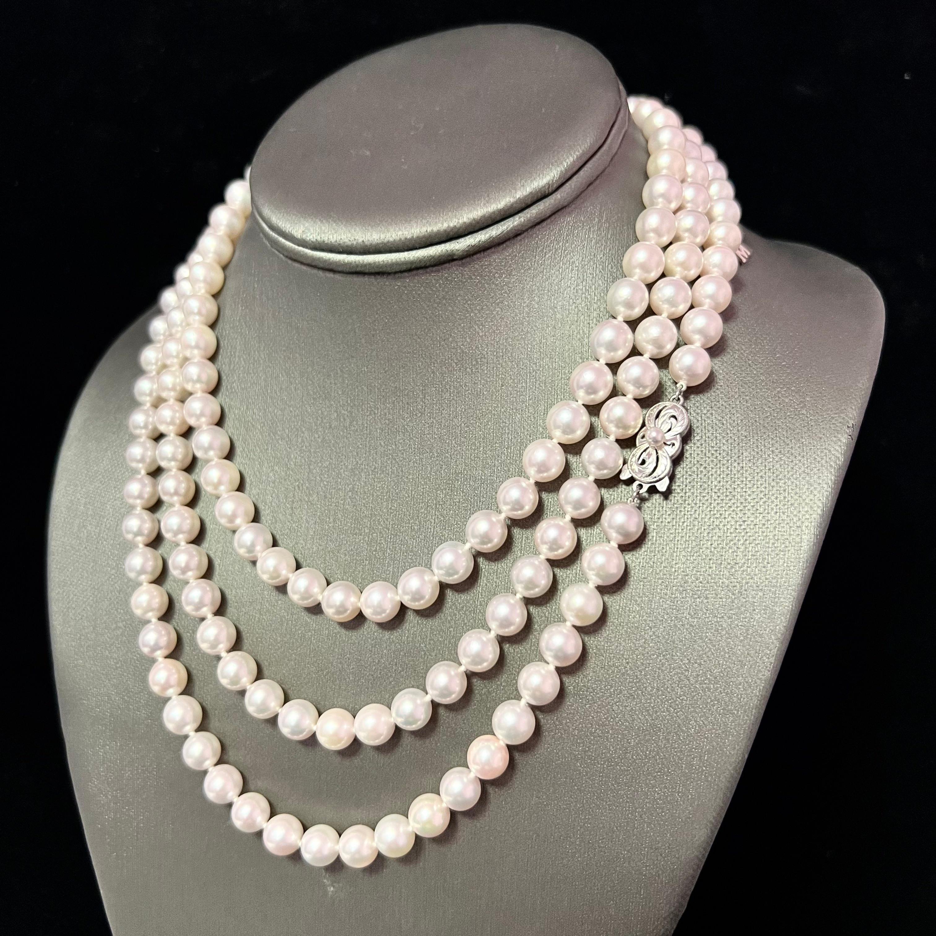 Mikimoto Estate Akoya Pearl Necklace 18k W Gold Certified In Good Condition In Brooklyn, NY