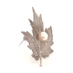 Mikimoto Estate Akoya Pearl Sterling Silver Leaf Brooch, 7.6 Grams