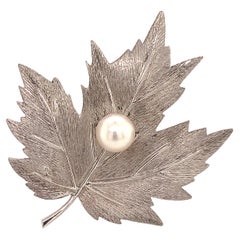 Mikimoto Estate Akoya Pearl Sterling Silver Leaf Brooch, 7.6 Grams