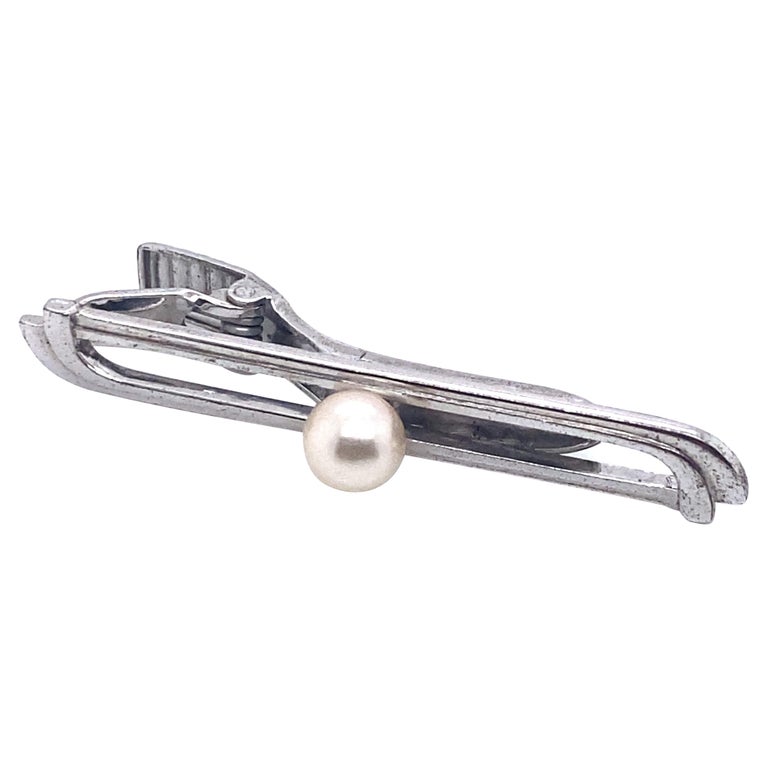Fermoir à Cravate Vintage En Argent Et Perles - Signé K. MIKIMOTO TOKYO - Années 50-60