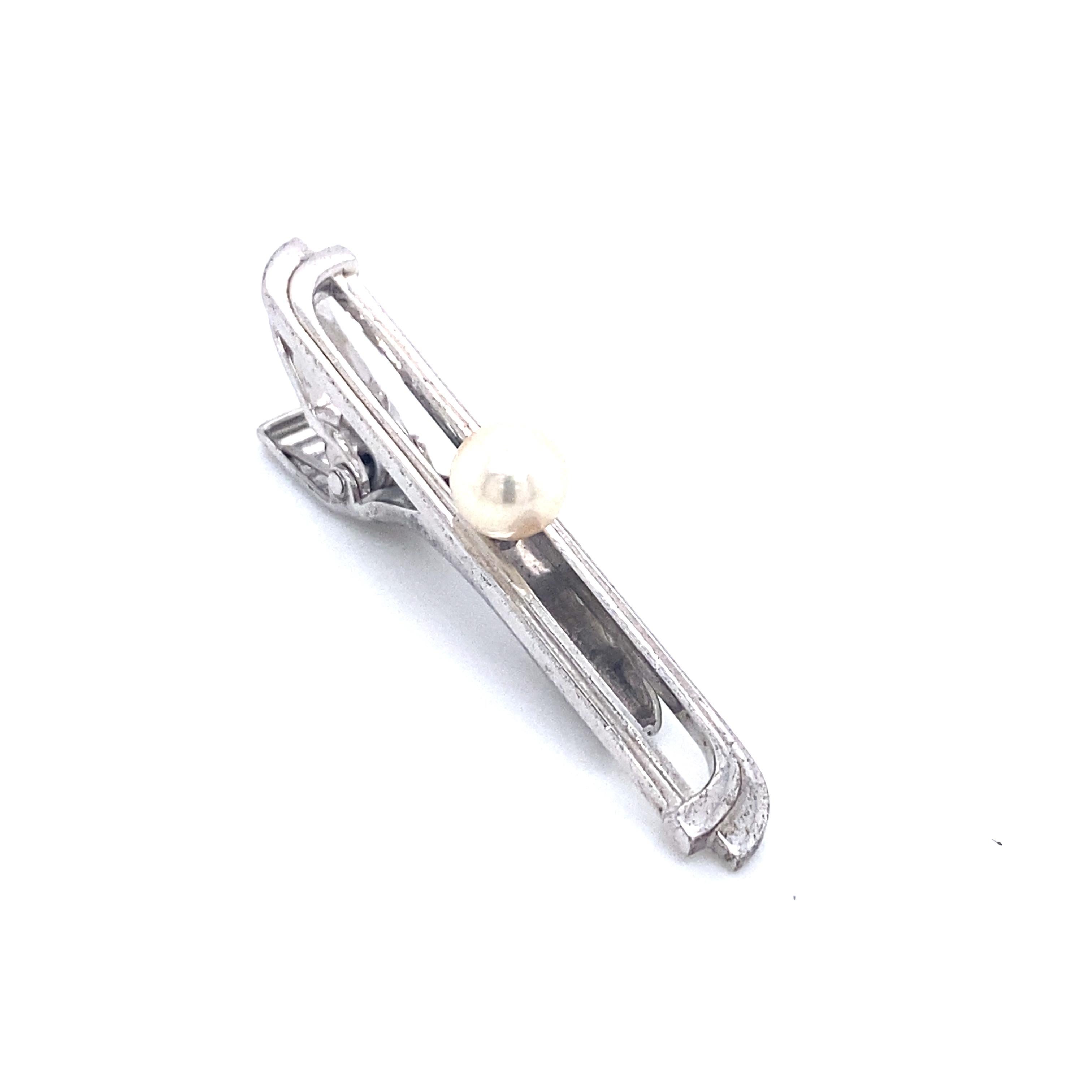 Mikimoto Estate Akoya Pearl Tie Bar Sterling Silver 5.91 Grams 5