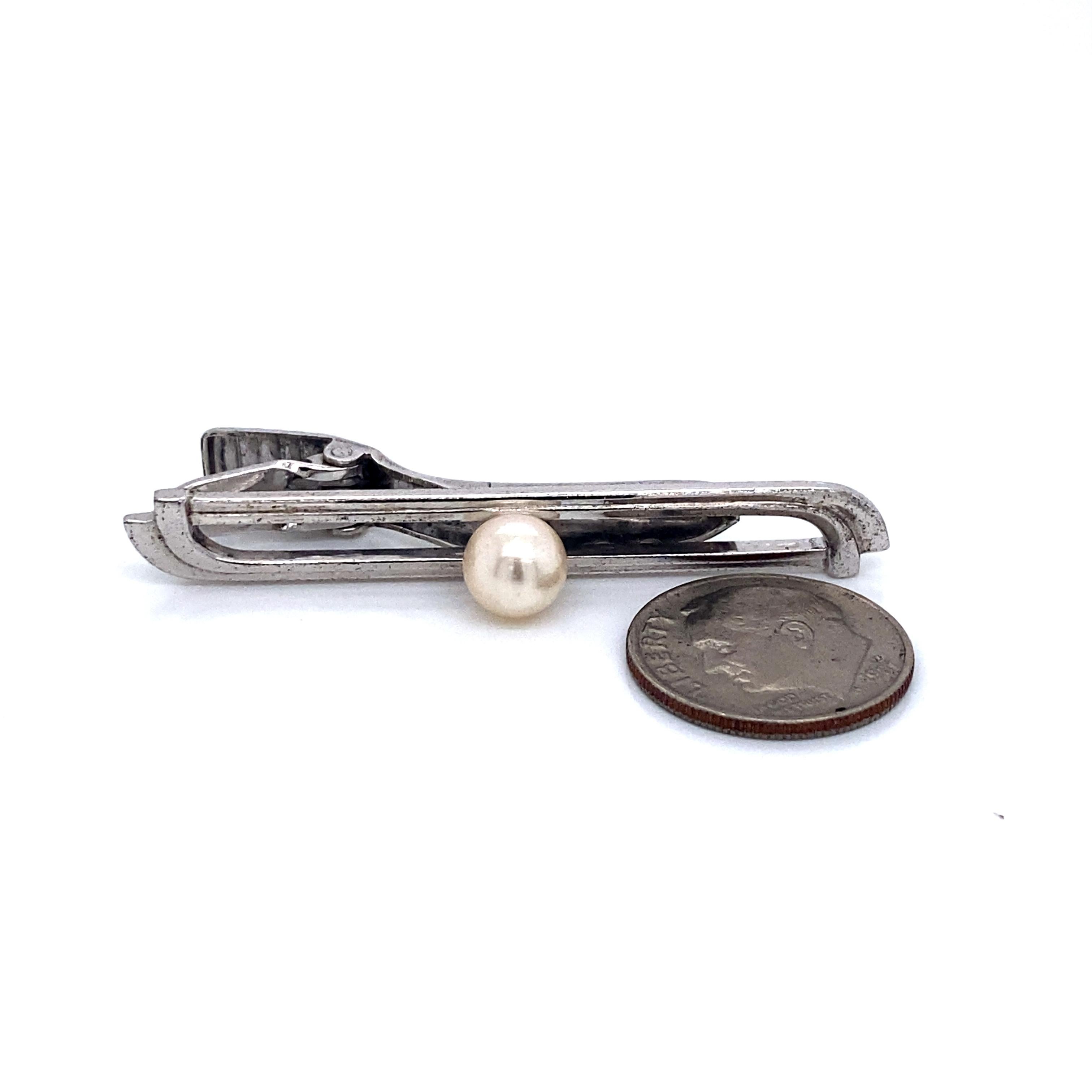 Round Cut Mikimoto Estate Akoya Pearl Tie Bar Sterling Silver 5.91 Grams For Sale