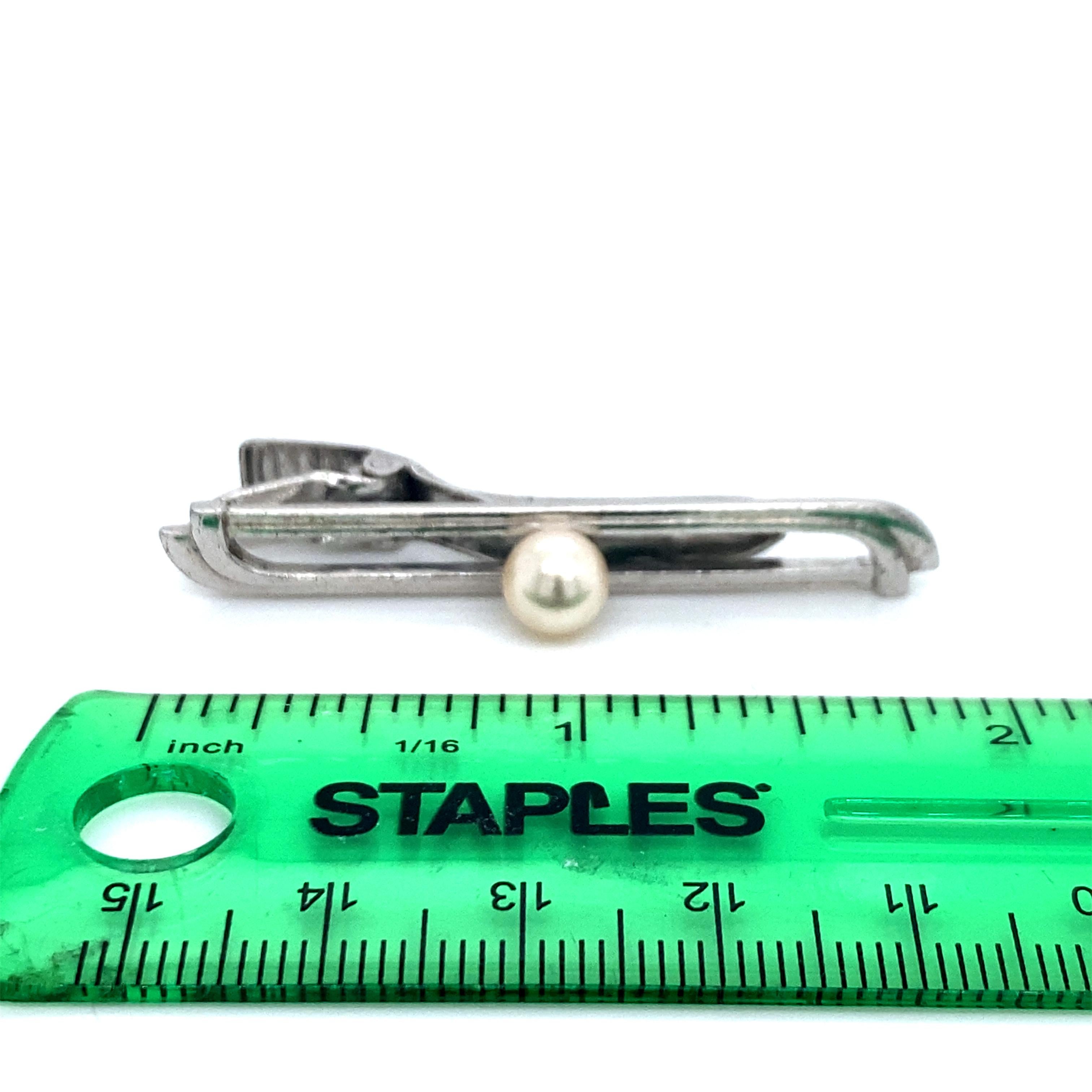 Mikimoto Estate Akoya Pearl Tie Bar Sterling Silver 5.91 Grams In Good Condition For Sale In Brooklyn, NY