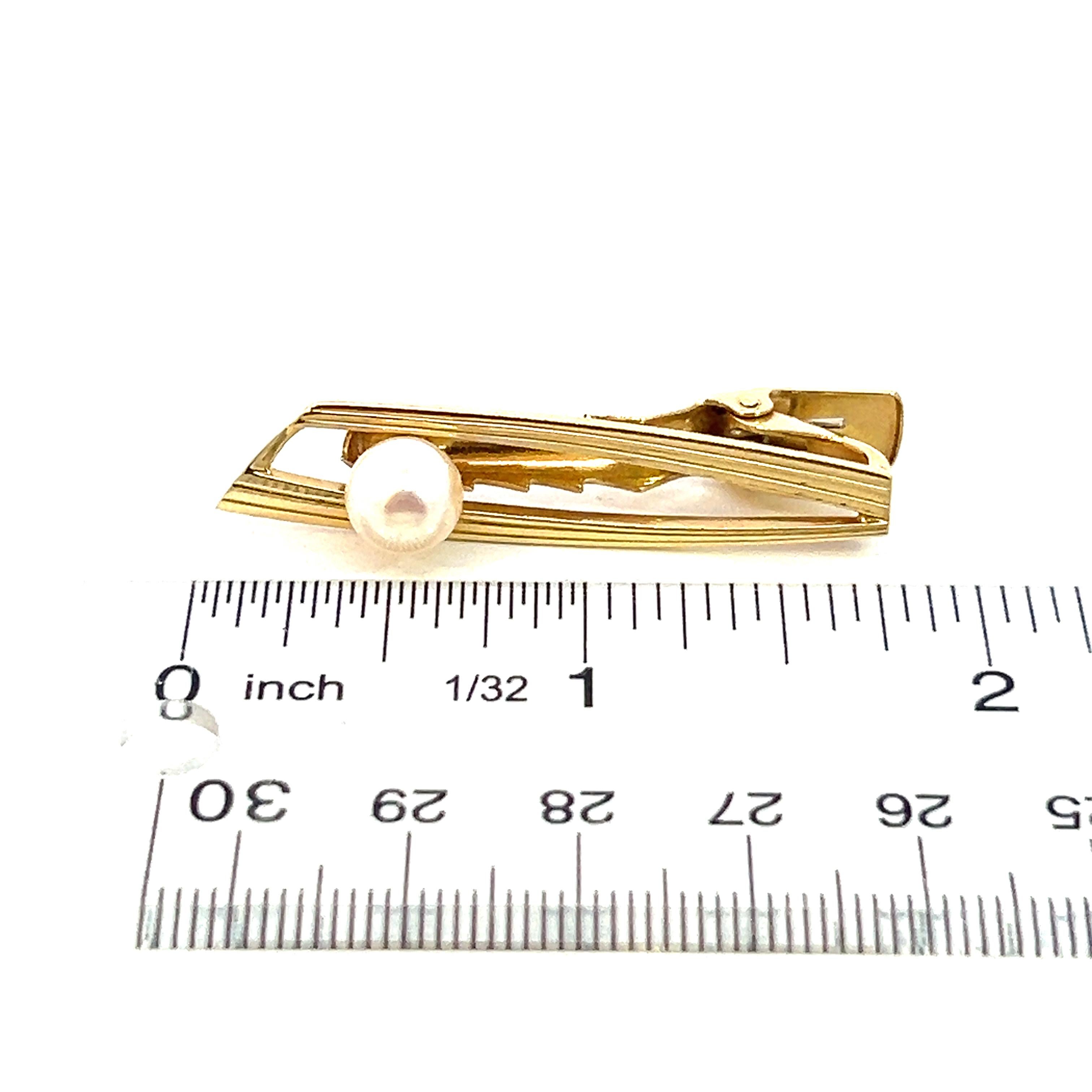 Mikimoto Estate Akoya Pearl Tie Clip 45 mm 14k Y Gold 7.70 mm For Sale 2