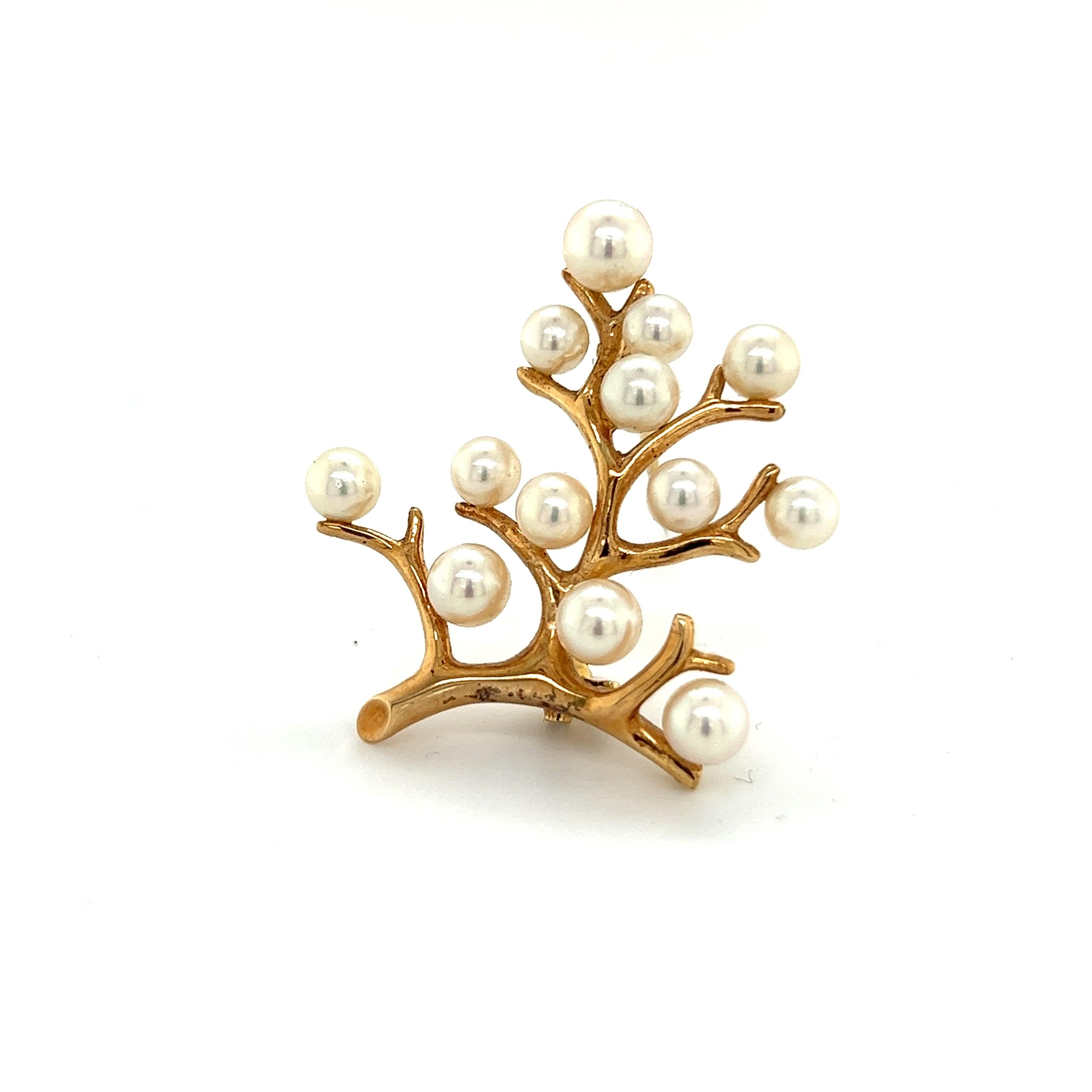 Ball Cut Mikimoto Estate Akoya Pearl Tree of Life Brooch 14k Gold  For Sale