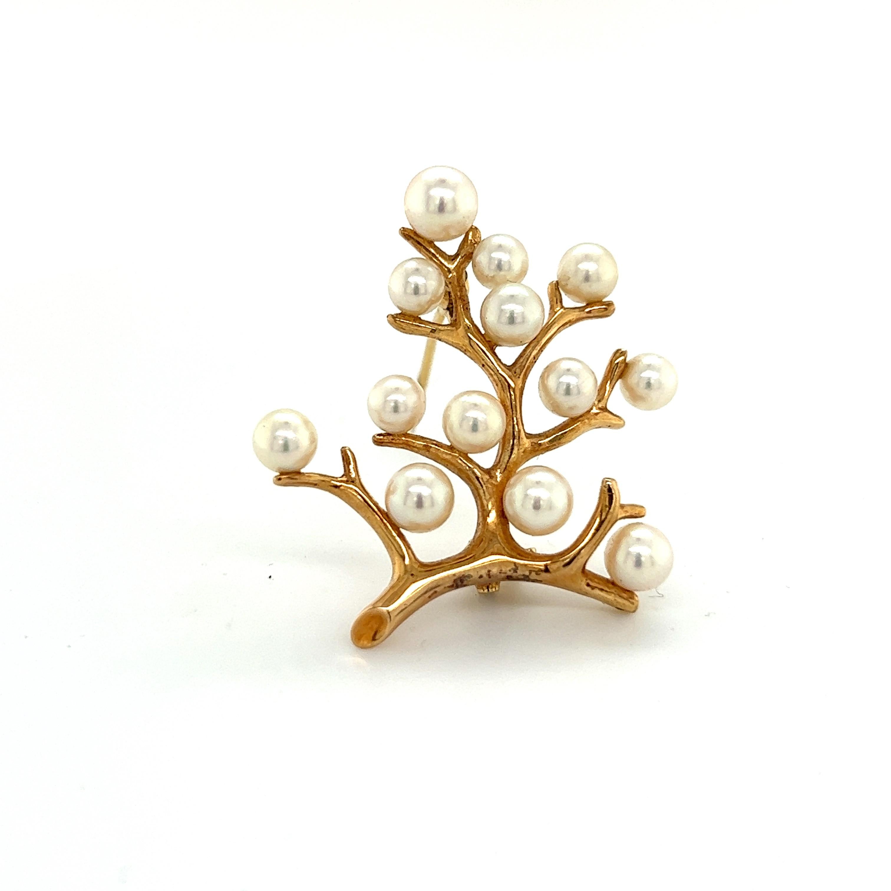Women's Mikimoto Estate Akoya Pearl Tree of Life Brooch 14k Gold  For Sale