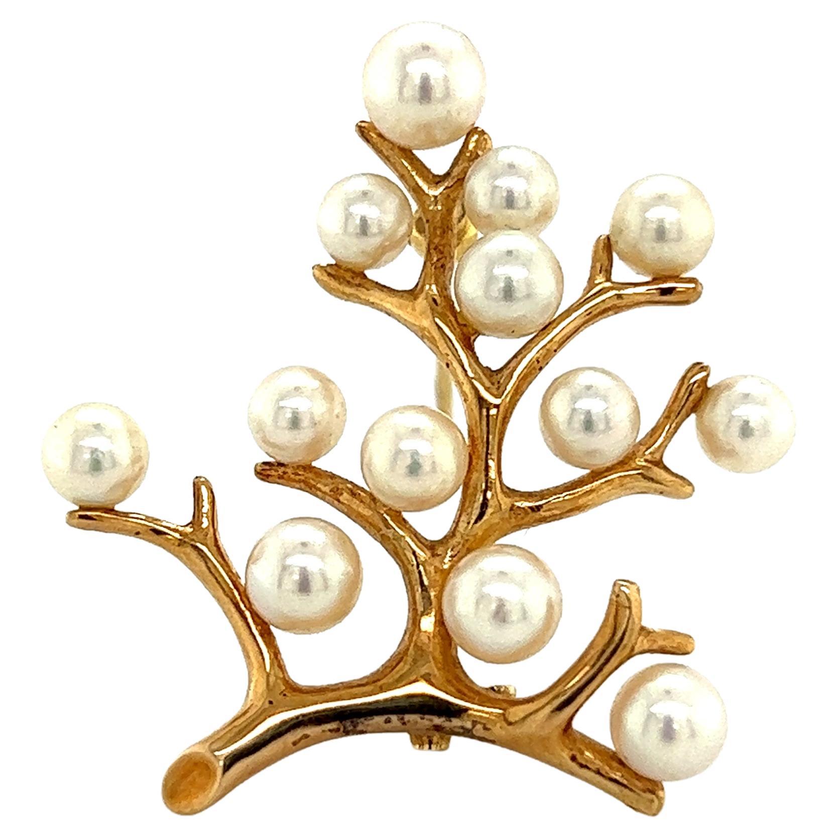 Mikimoto Estate Akoya Pearl Tree of Life Brooch 14k Gold  For Sale