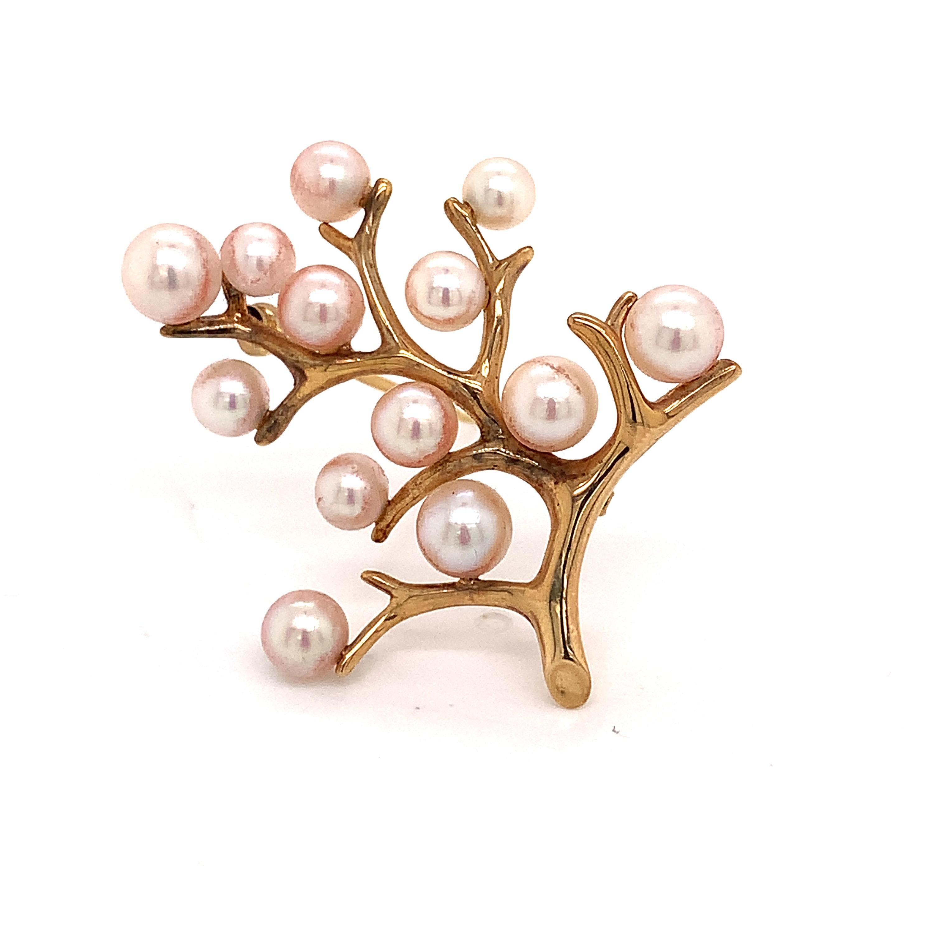 Spilla con albero della vita in perle Akoya di Mikimoto Estate in oro 14k 5