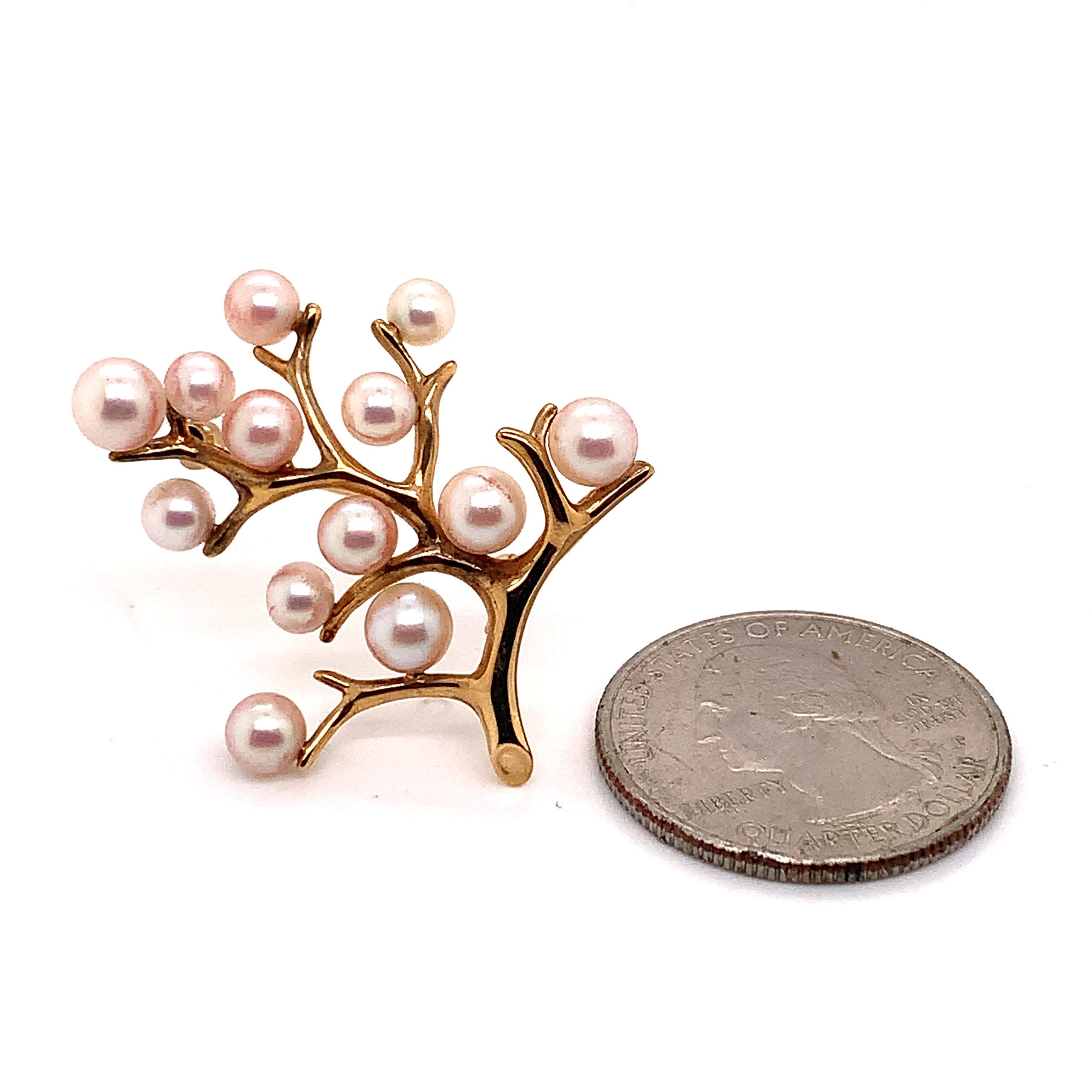 Round Cut Mikimoto Estate Akoya Pearl Tree of Life Brooch Pin 14k Gold