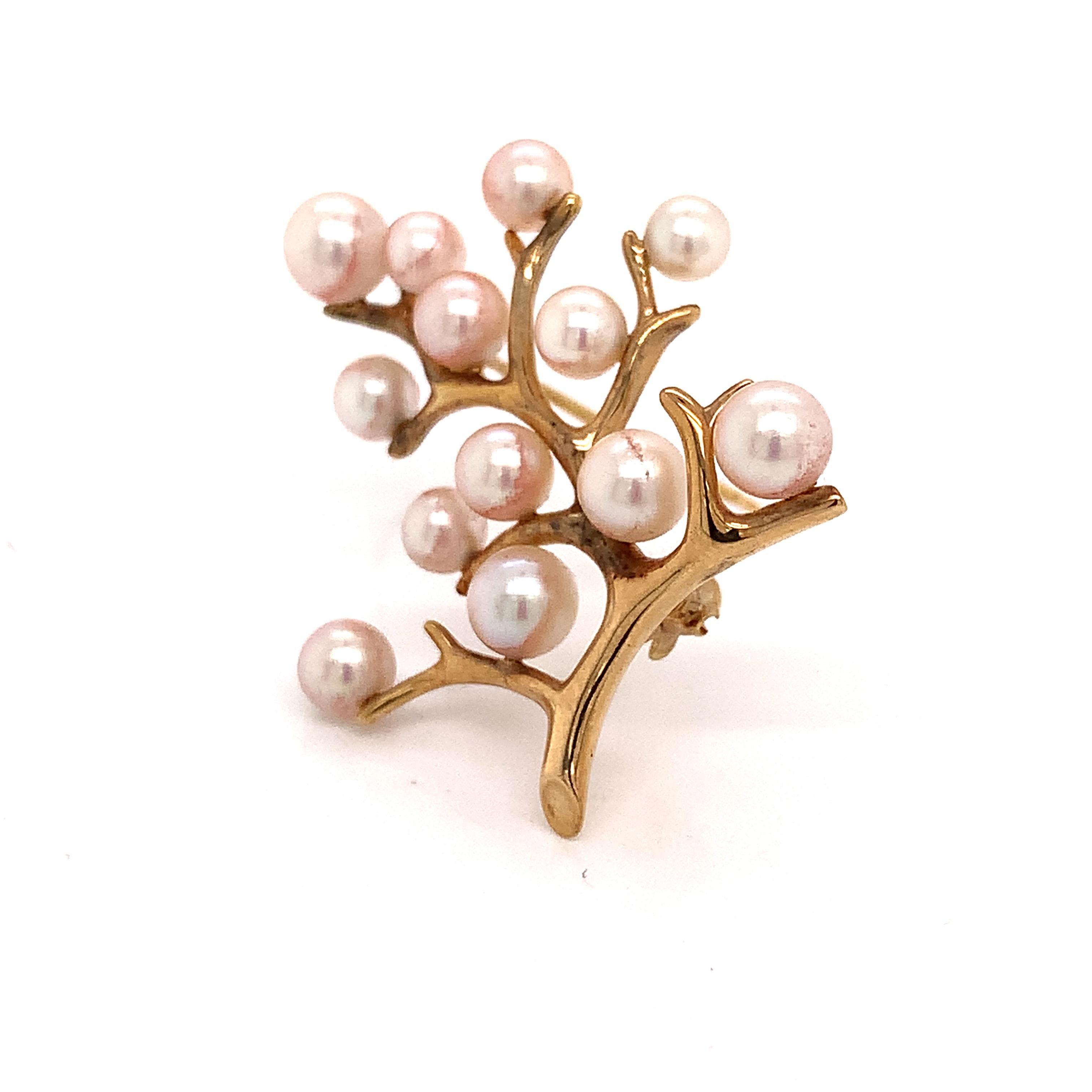 Mikimoto Estate Akoya Pearl Tree of Life Brooch Pin 14k Gold In Good Condition In Brooklyn, NY