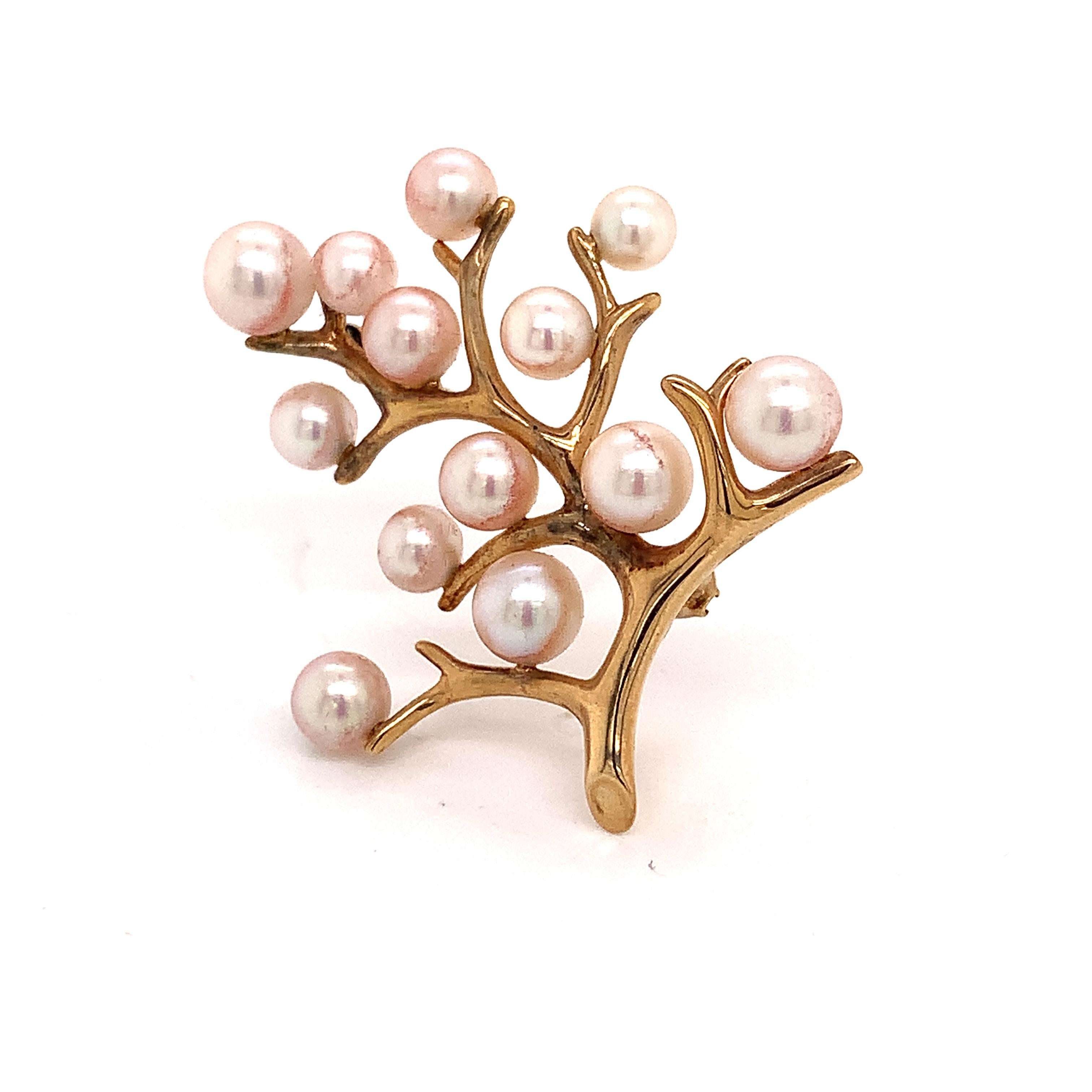 Mikimoto Estate Akoya Pearl Tree of Life Brooch Pin 14k Gold 1