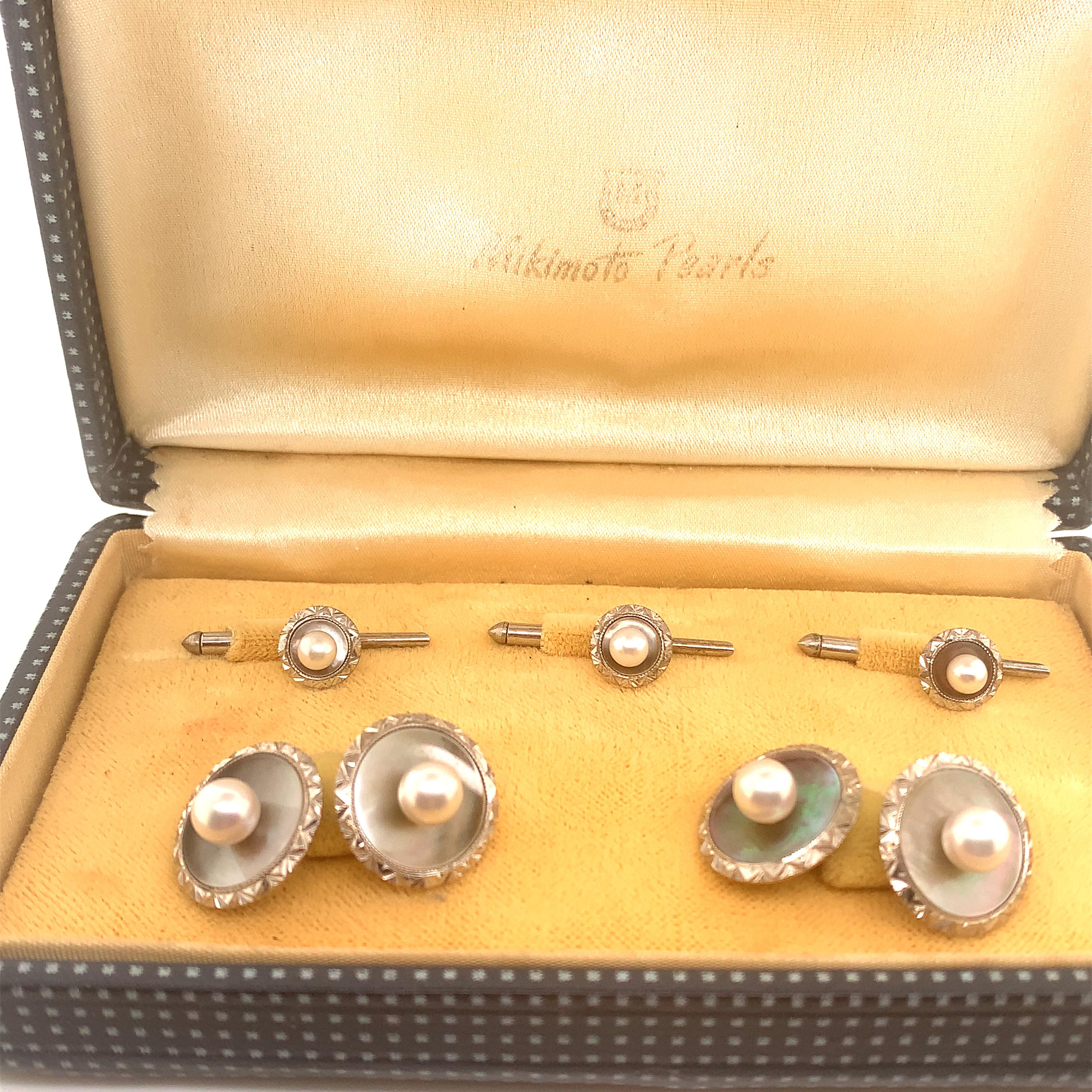 Mikimoto Estate Akoya Pearl Tuxedo Cufflinks Set Silver 10.364g 1