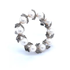 Mikimoto Estate Akoya Pearl Wreath Brooch 1.75" Silver 5 mm