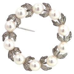 Mikimoto Estate Akoya Pearl Wreath Brooch Pin 1.375" 5 mm Sterling Silver
