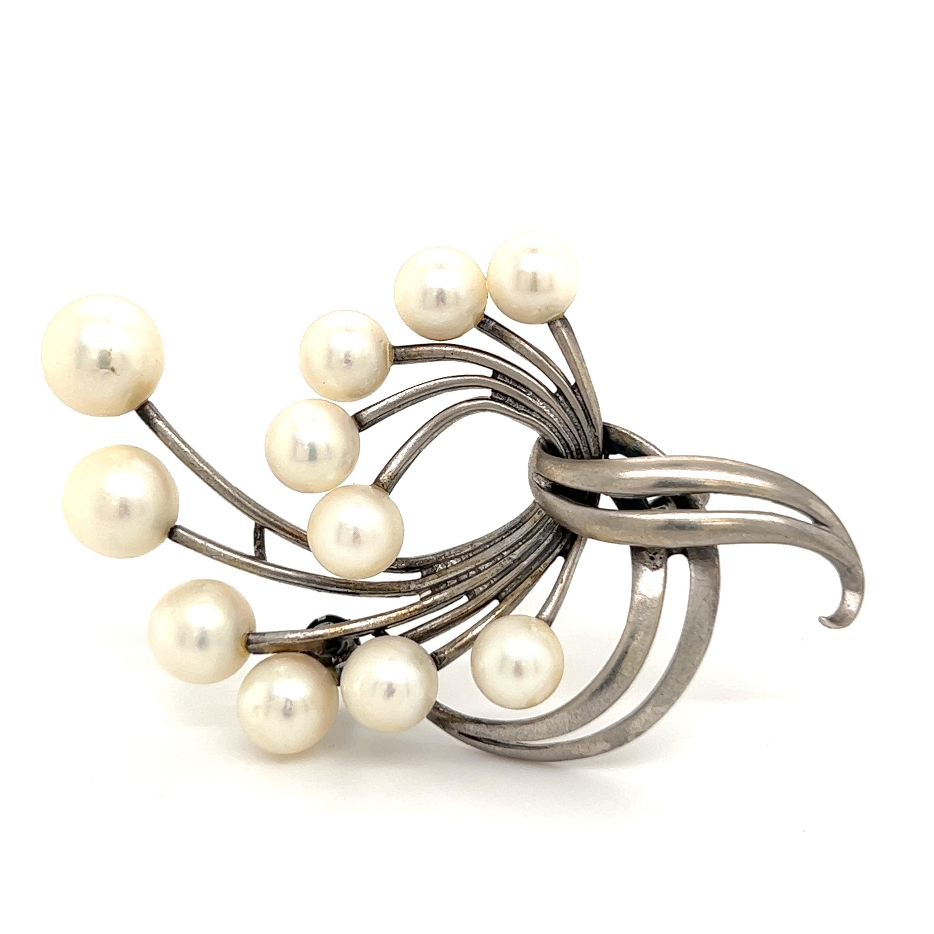 Mikimoto Estate Akoya Pearl XL Spray Brooch Sterling Silver 7.62 mm For Sale 3