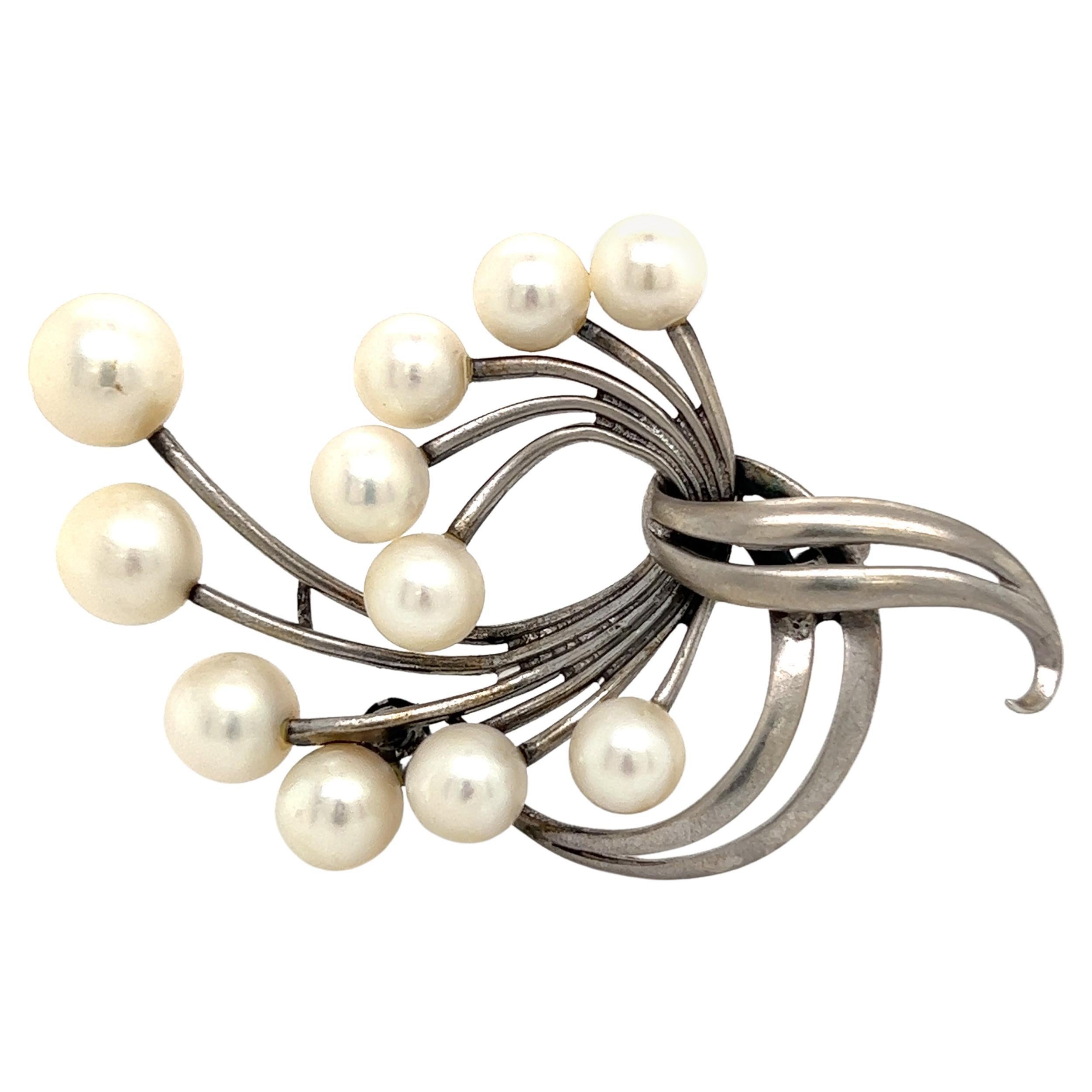 Mikimoto Estate Akoya Pearl XL Spray Brooch Sterling Silver 7.62 mm For Sale