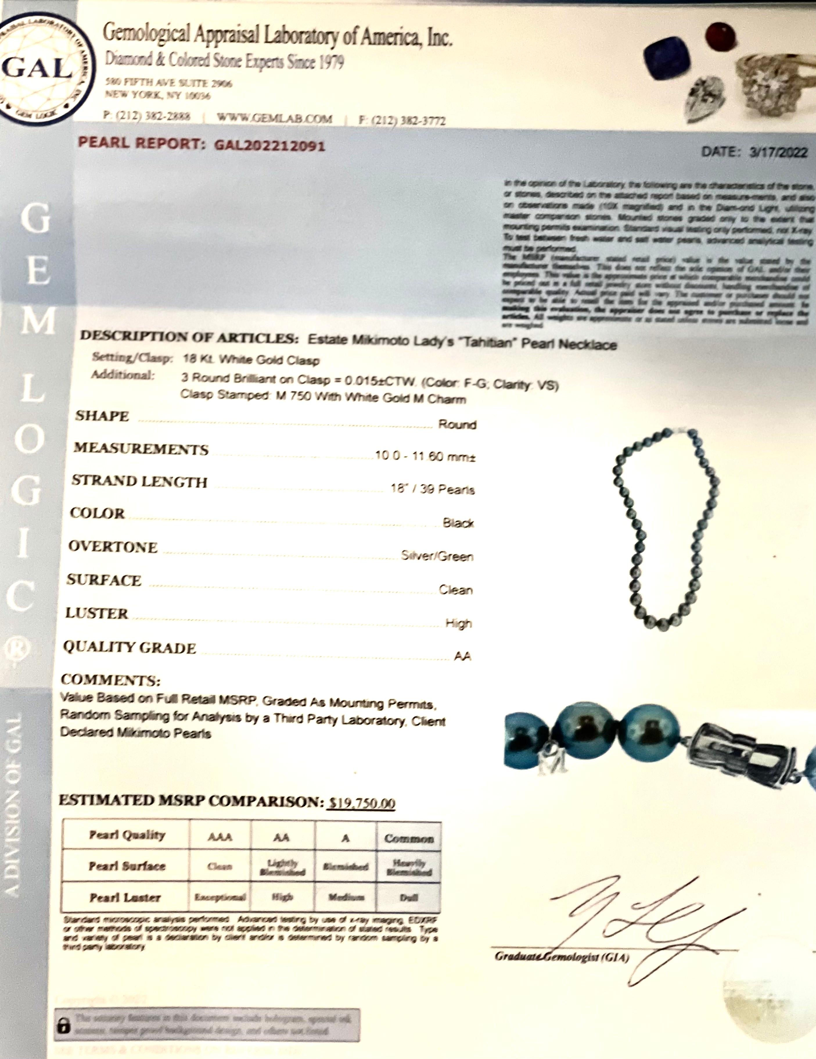 Mikimoto Estate Tahitian Pearl Necklace 18k Gold 11.6 mm Certified 4