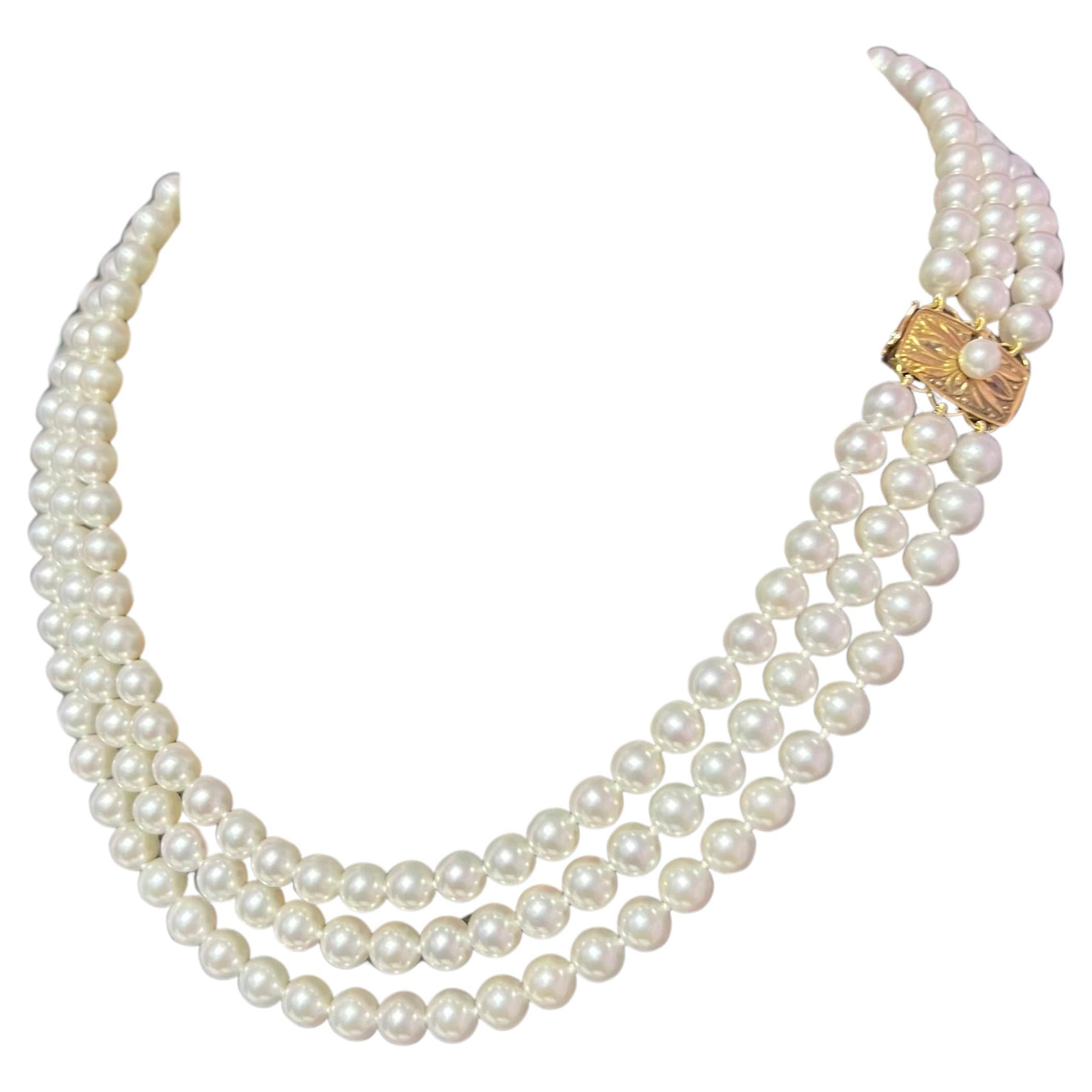 Mikimoto Estate Triple Strand Akoya Pearl Necklace 16-18" 18k G 6.5 mm Certified