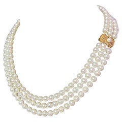 Mikimoto Estate Triple Strand Akoya Pearl Necklace 16-18" 18k G 6.5 mm Certified