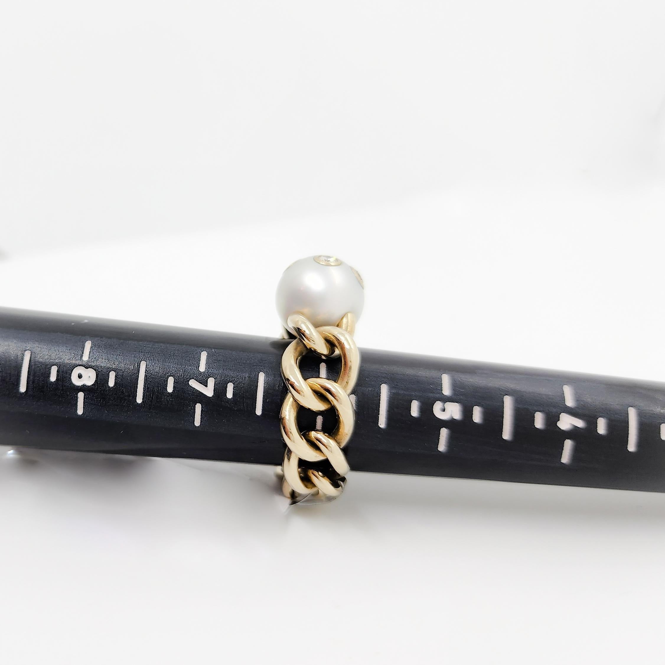 Mikimoto Estate White Pearl and Diamond Chain Link Ring in 18k Yellow Gold 1
