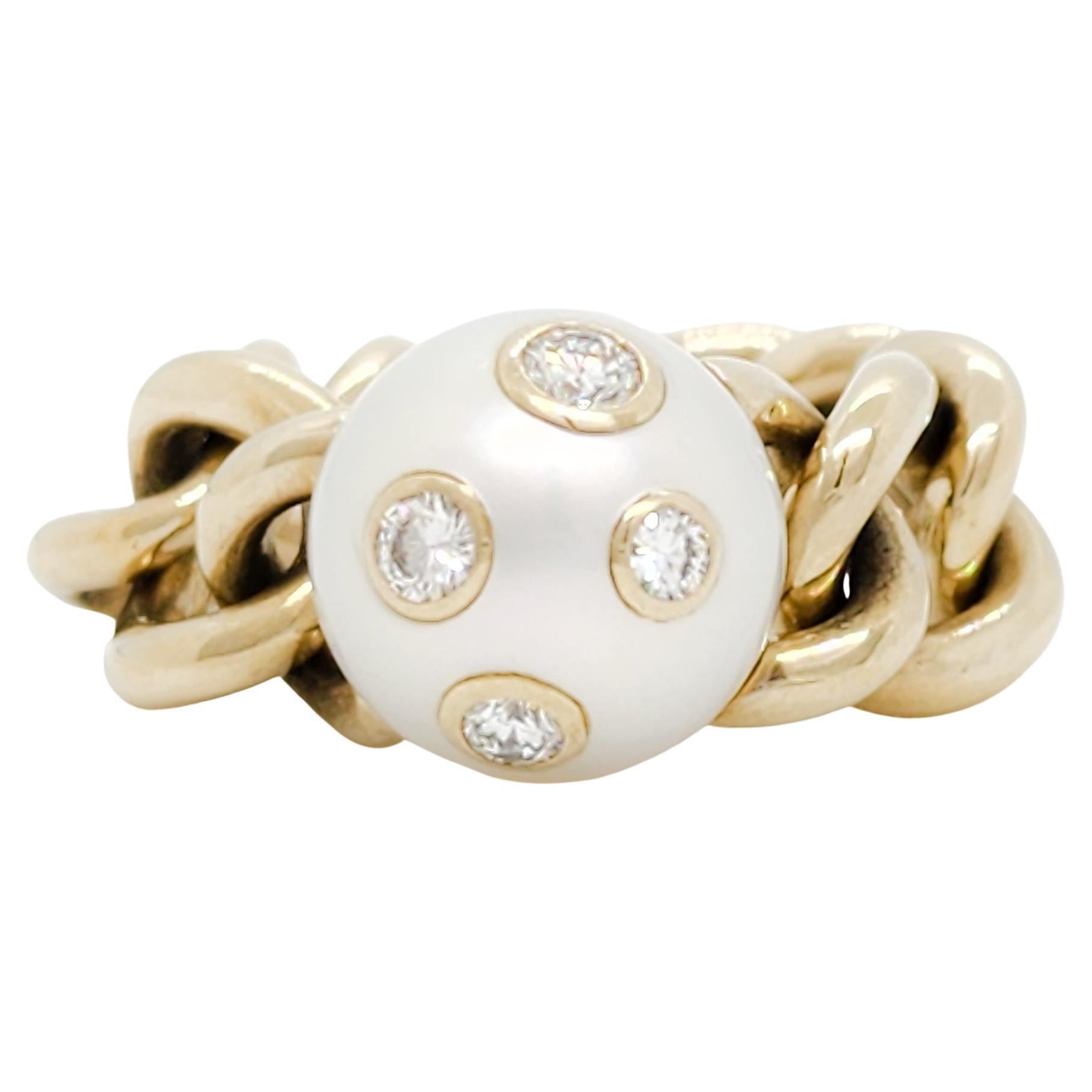 Mikimoto Estate White Pearl and Diamond Chain Link Ring in 18k Yellow Gold