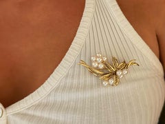 Mikimoto Flower Pearl Branch Brooch 14k Yellow Gold