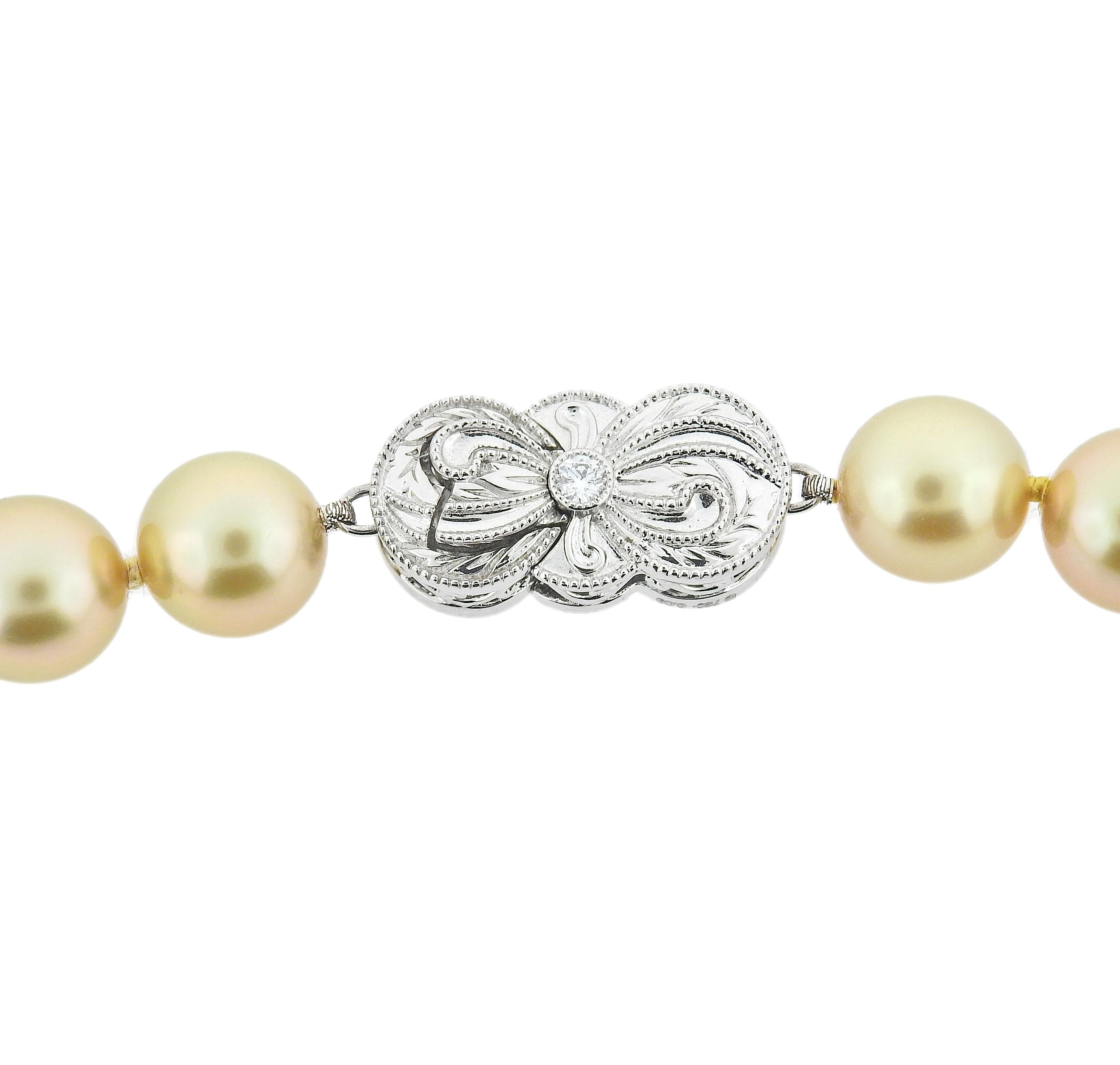 Round Cut Mikimoto Ginza Champagne South Sea Pearl Gold Diamond Necklace For Sale