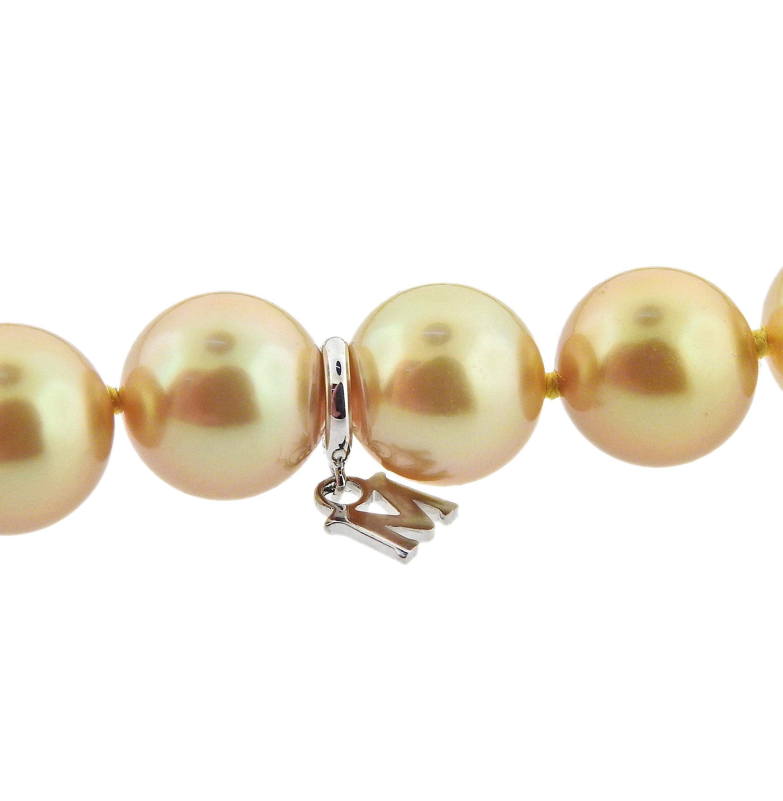 Women's Mikimoto Ginza Champagne South Sea Pearl Gold Diamond Necklace For Sale