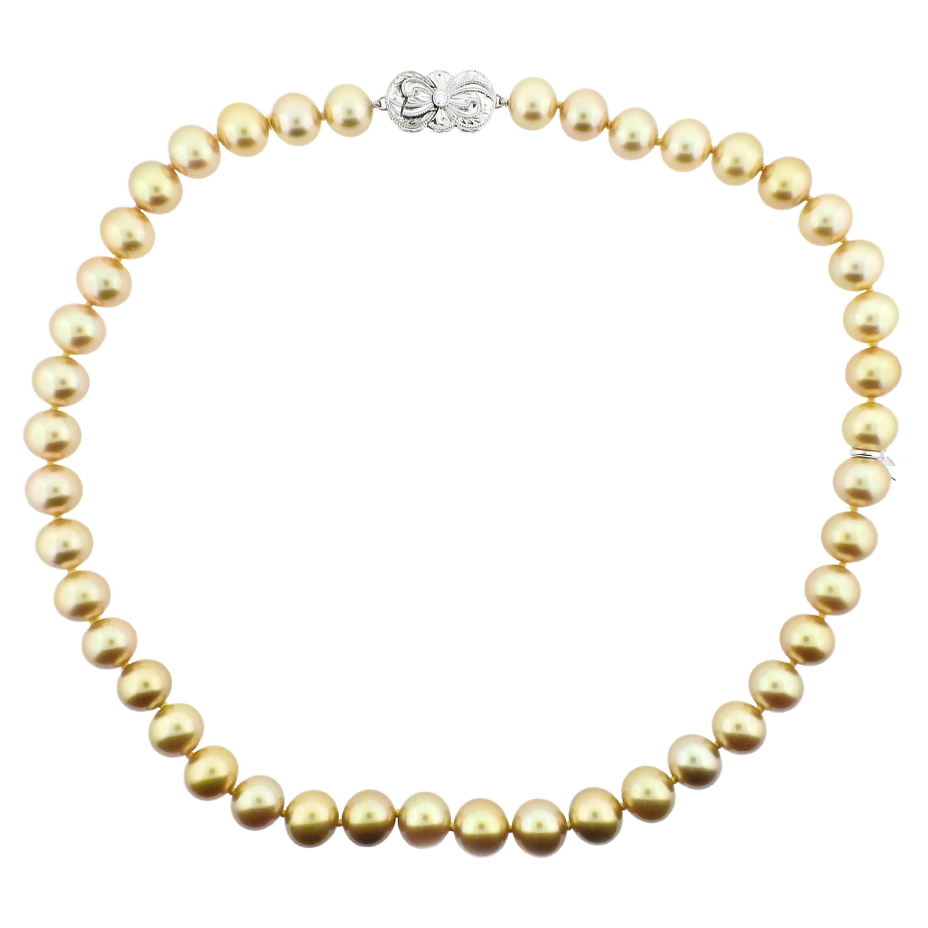 Mikimoto Ginza Champagne South Sea Pearl Gold Diamond Necklace For Sale