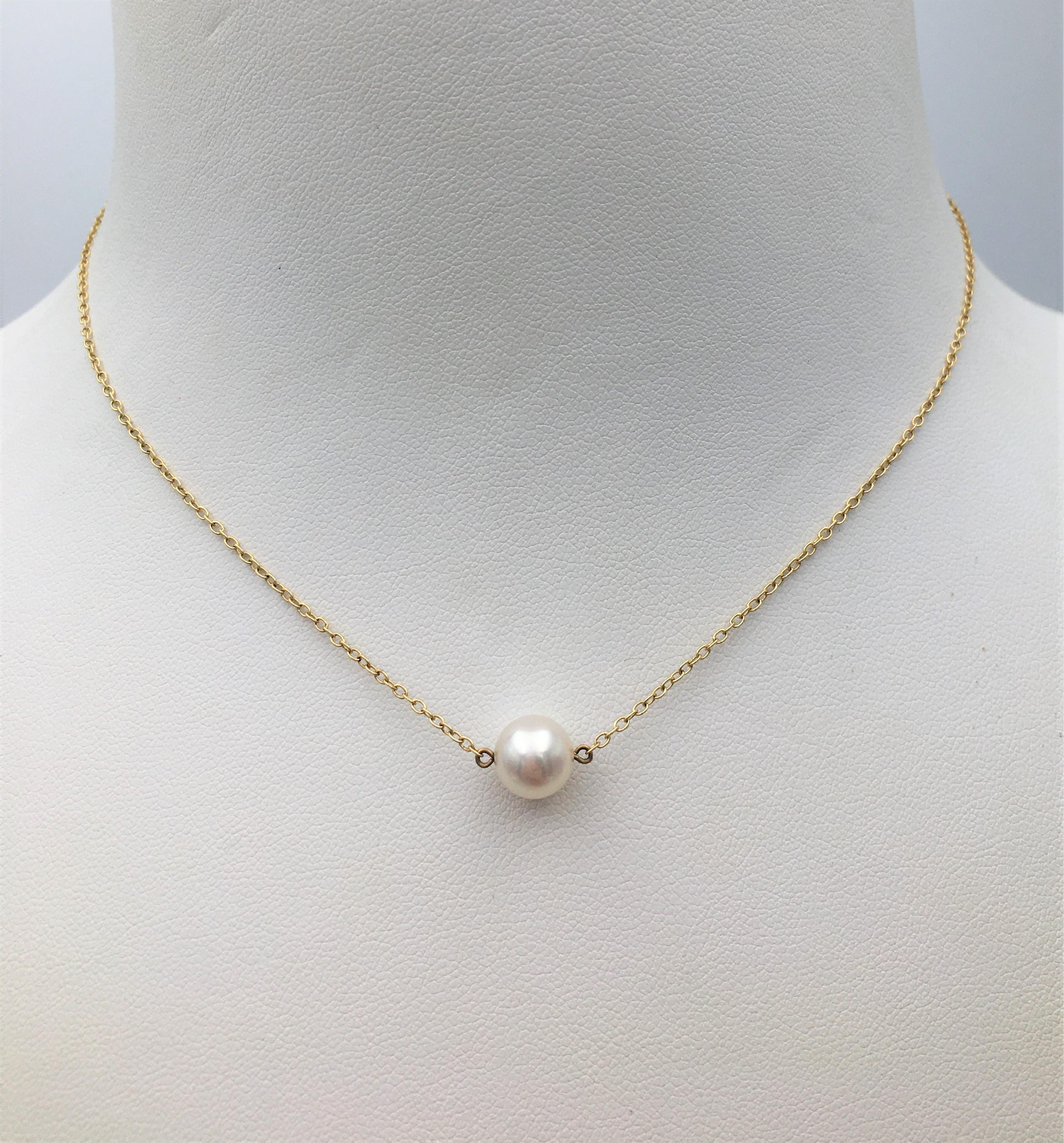 Round Cut Mikimoto Gold and Single Pearl Necklace