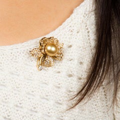 Mikimoto Golden Pearl Flower Brooch with Round Diamonds in Petals 2.26 Carat