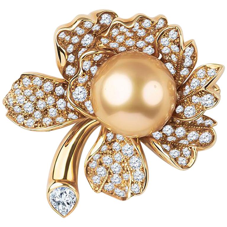 Mikimoto Golden Pearl Flower Brooch with Round Diamonds in Petals 2.26  Carat at 1stDibs