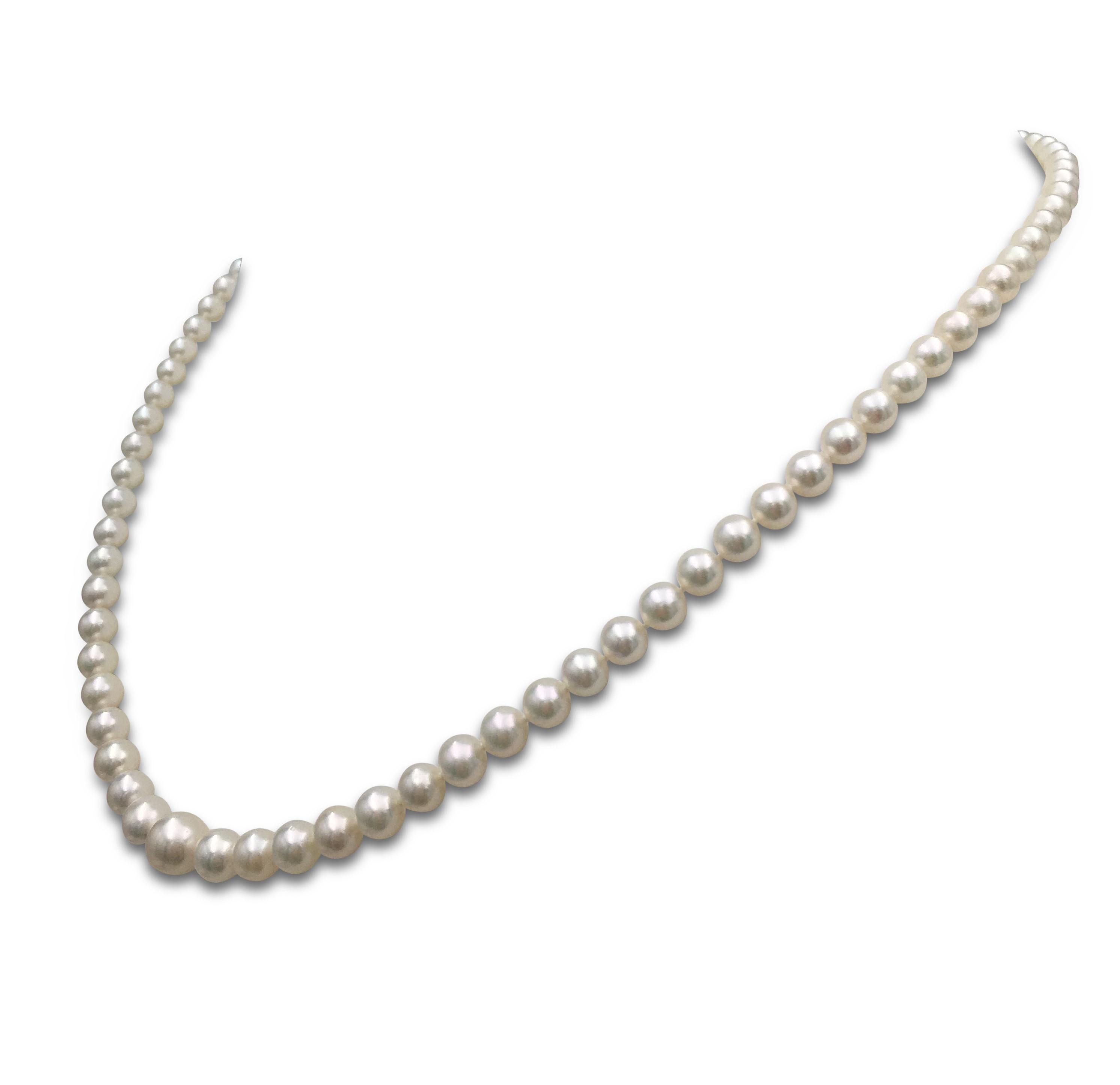 Authentic classic Mikimoto pearl necklace featuring Akoya cultured pearls measuring 4 mm to 7 mm. The signature 'M' charm hangs near to necklace clasp. The clasp is crafted in 18 karat yellow gold. Signed M, 750. The necklace is presented with the