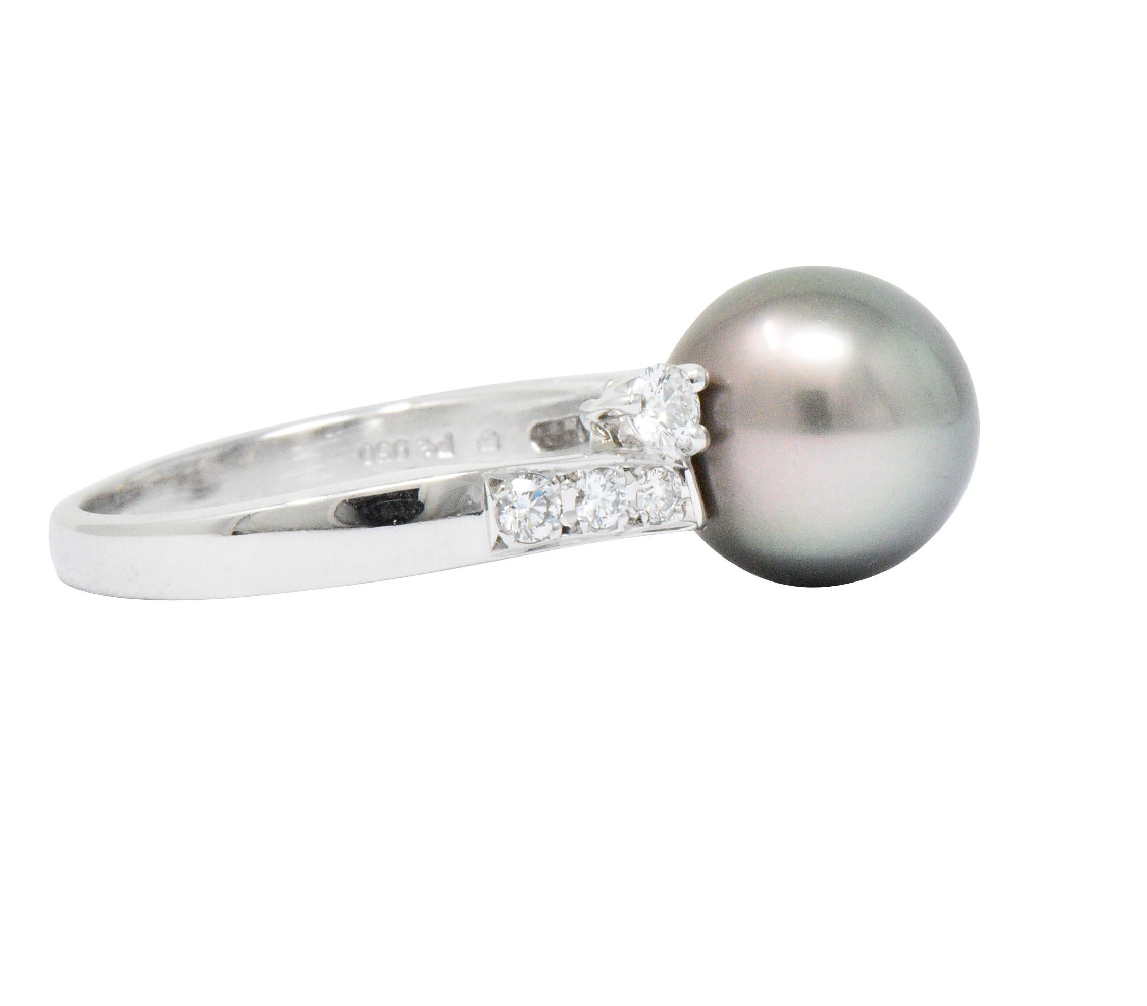 Round Cut Mikimoto Grey South Sea Pearl 0.40 Carat Diamond Platinum Ring