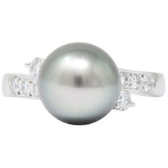 Vintage Mikimoto Grey South Sea Pearl 0.40 Carat Diamond Platinum Ring