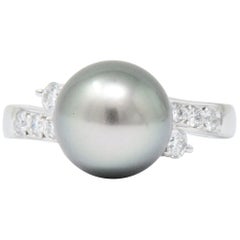 Retro Mikimoto Grey South Sea Pearl 0.40 Carat Diamond Platinum Ring