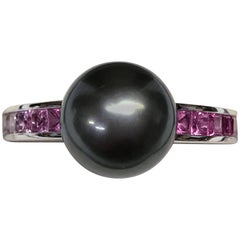 Retro Mikimoto Japanese Akoya Cultured Black Pearl Pink Sapphire Ring