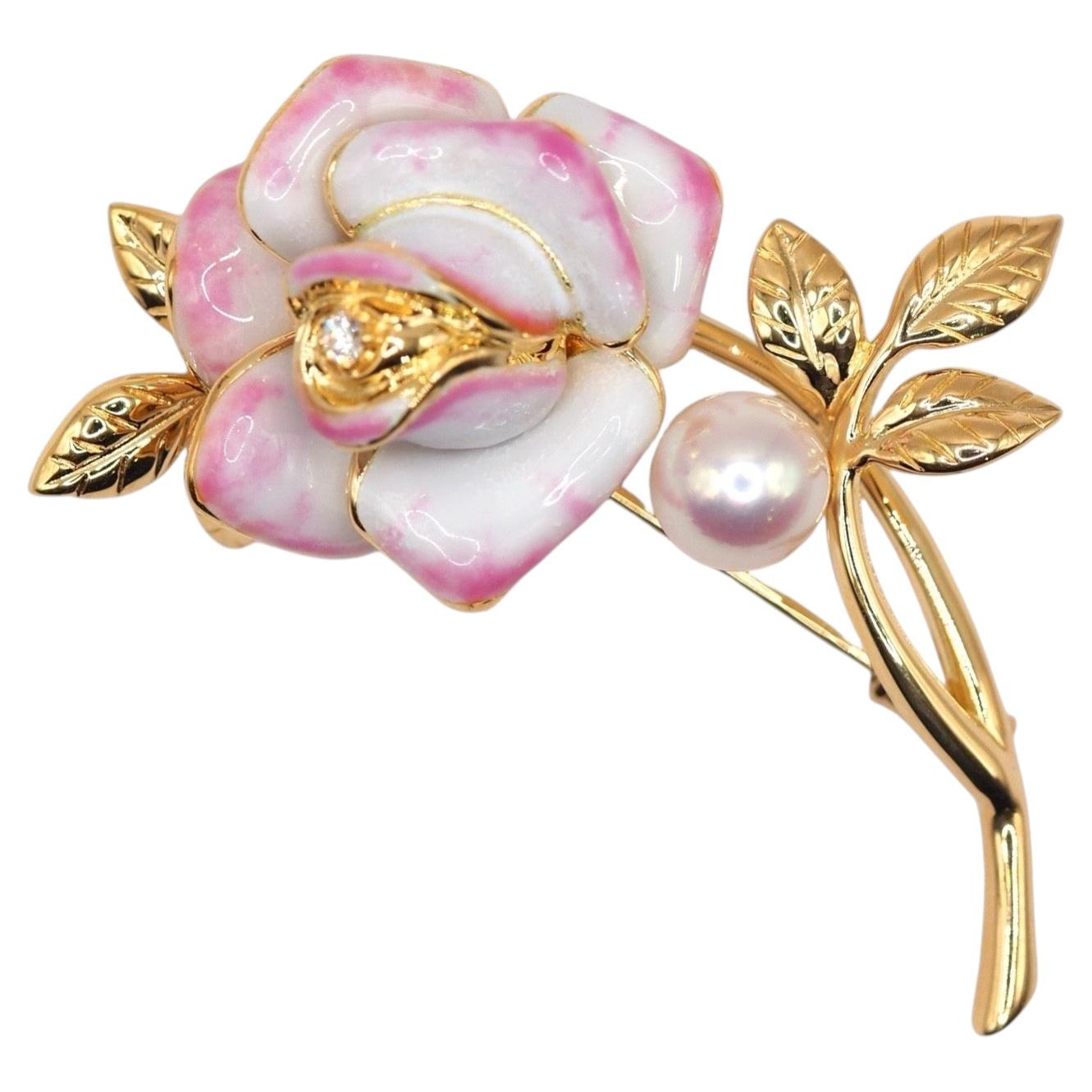 Pre-owned Mikimoto K18 Enamel Rose Akoya Pearl And Diamond Brooch In Red