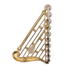 MIKIMOTO K18 Gold Akoya Pearl Diamond Harp Brooch Japan Estate