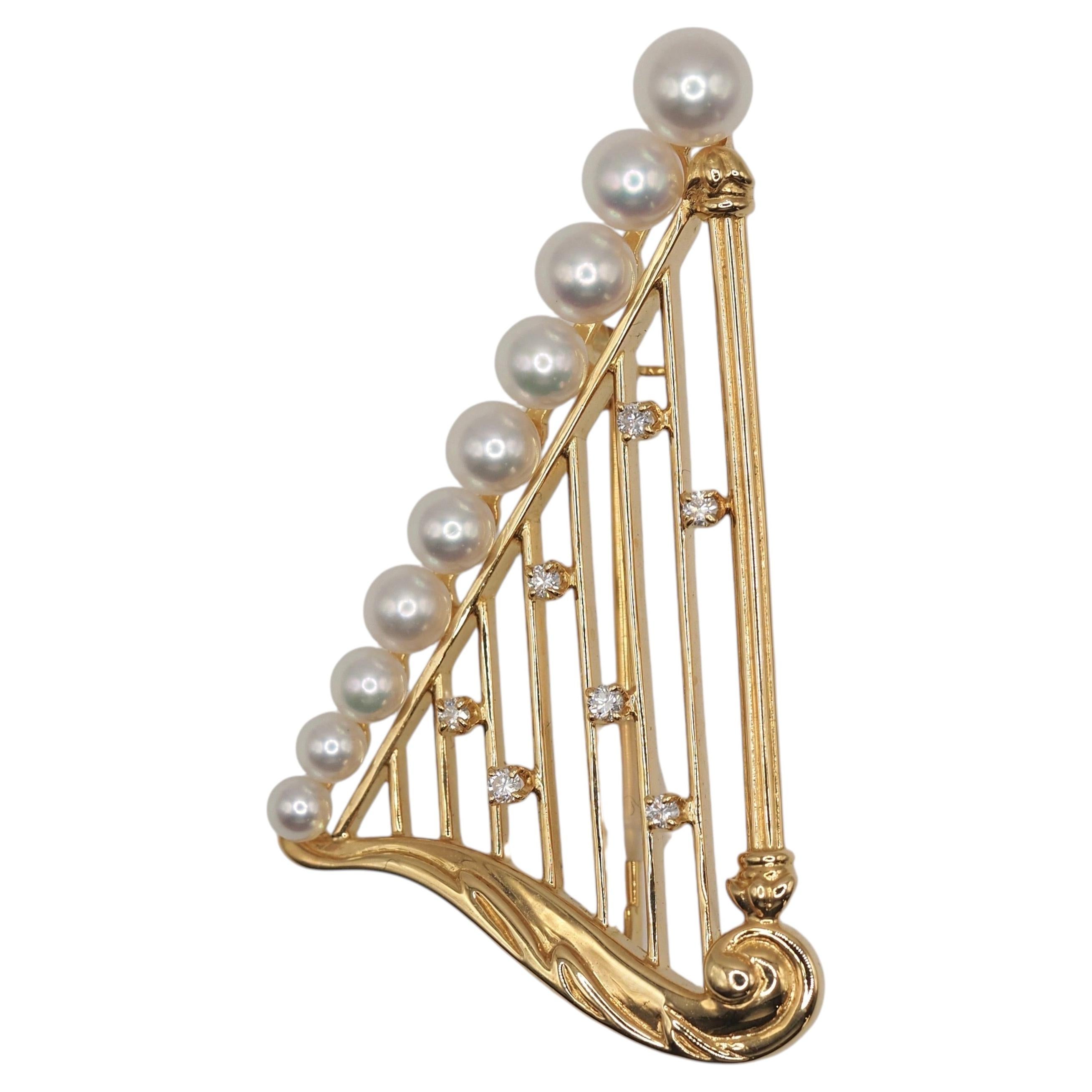 Pre-owned Mikimoto K18 Gold Akoya Pearl Diamond Harp Brooch Japan Estate In Multiple