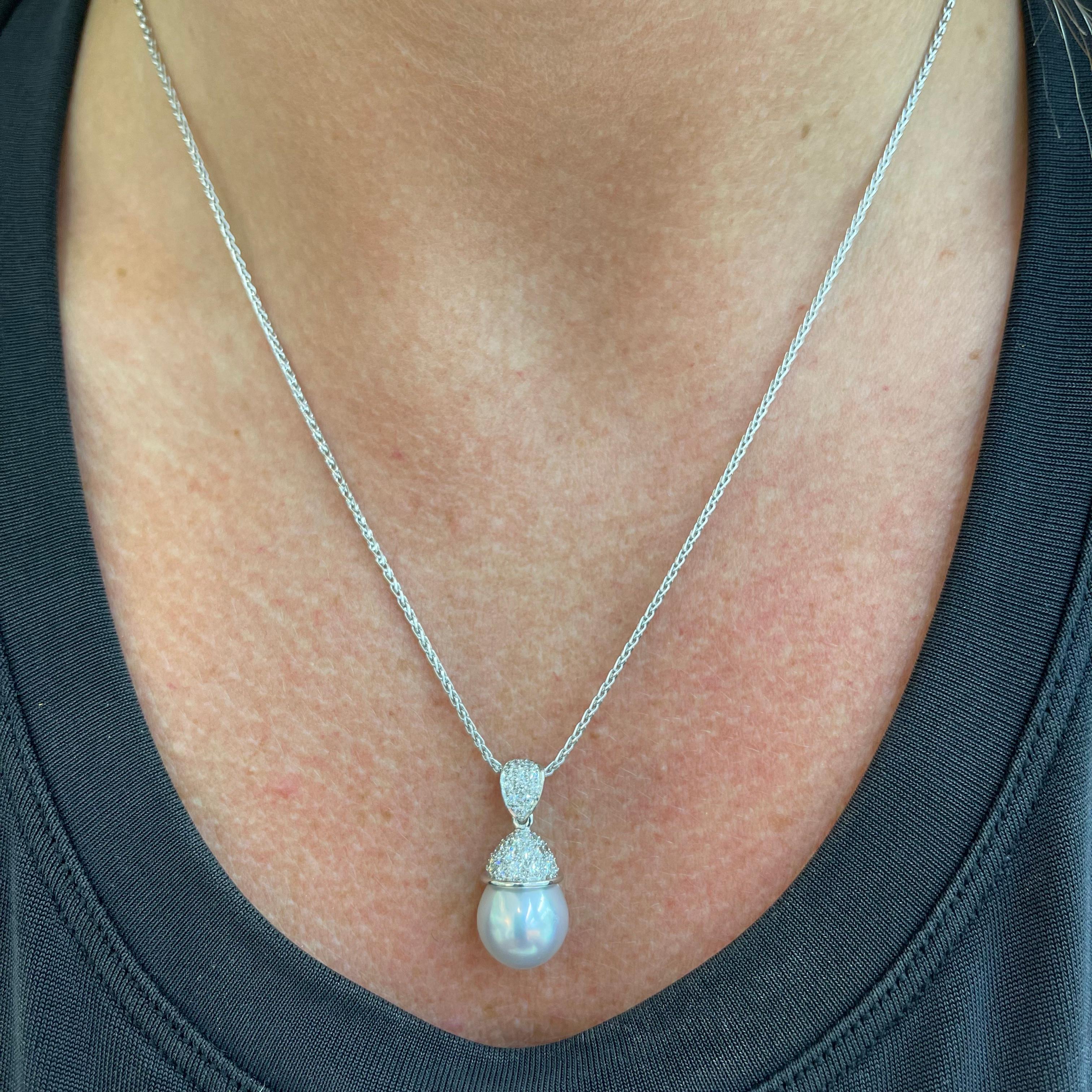 Mikimoto Ladies Platinum White South Sea Cultured Pearl Diamond Pendant Necklace For Sale 2
