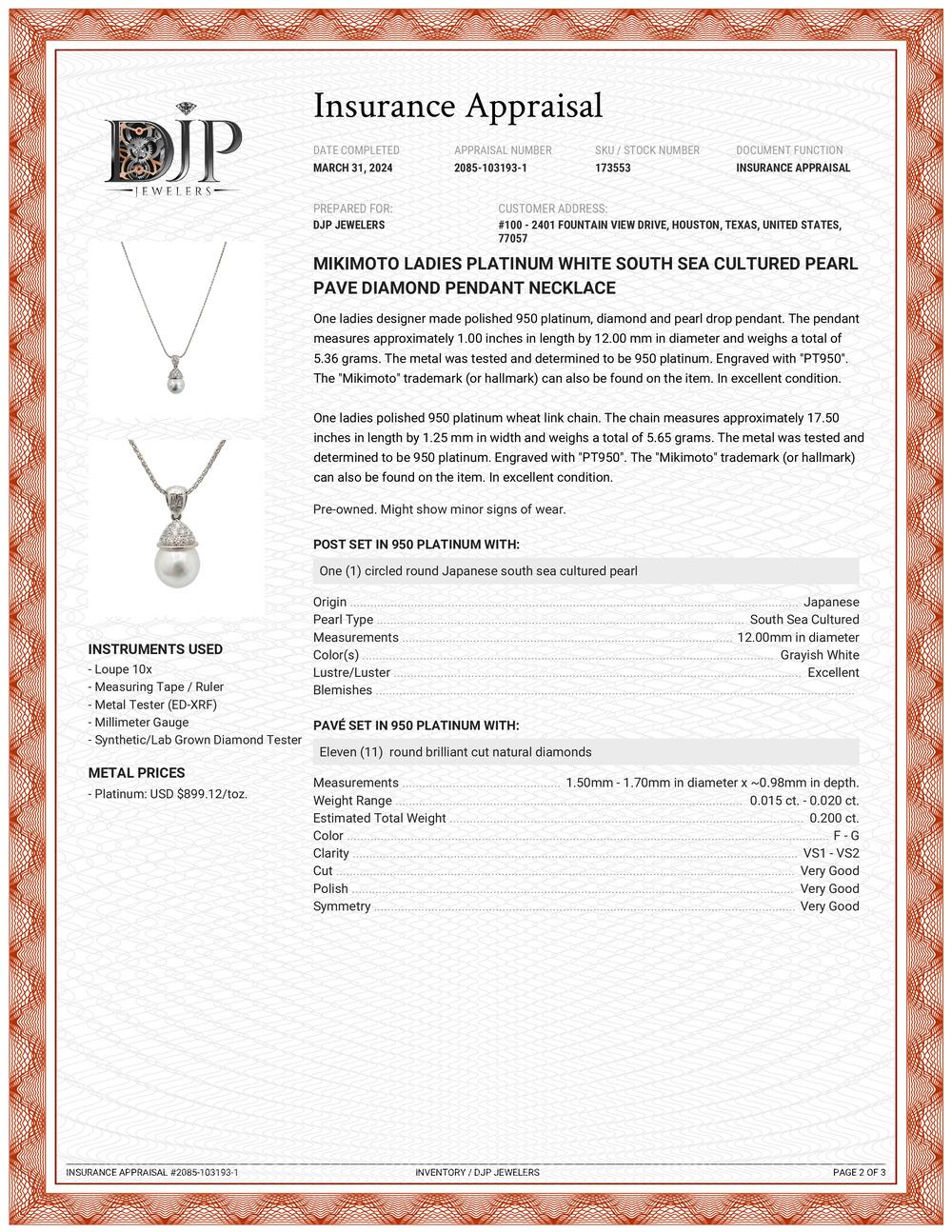 Mikimoto Ladies Platinum White South Sea Cultured Pearl Diamond Pendant Necklace For Sale 3