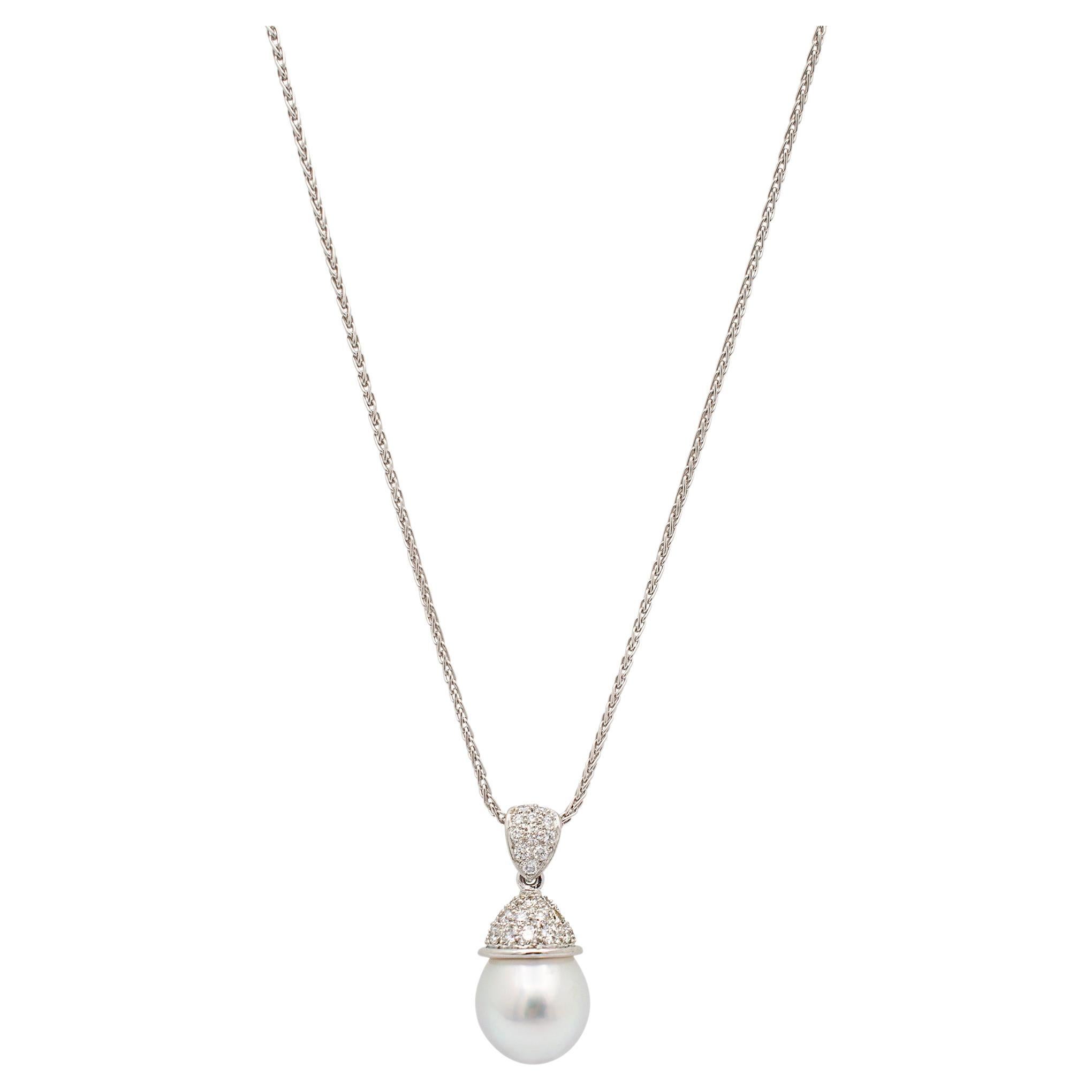 Mikimoto Ladies Platinum White South Sea Cultured Pearl Diamond Pendant Necklace For Sale