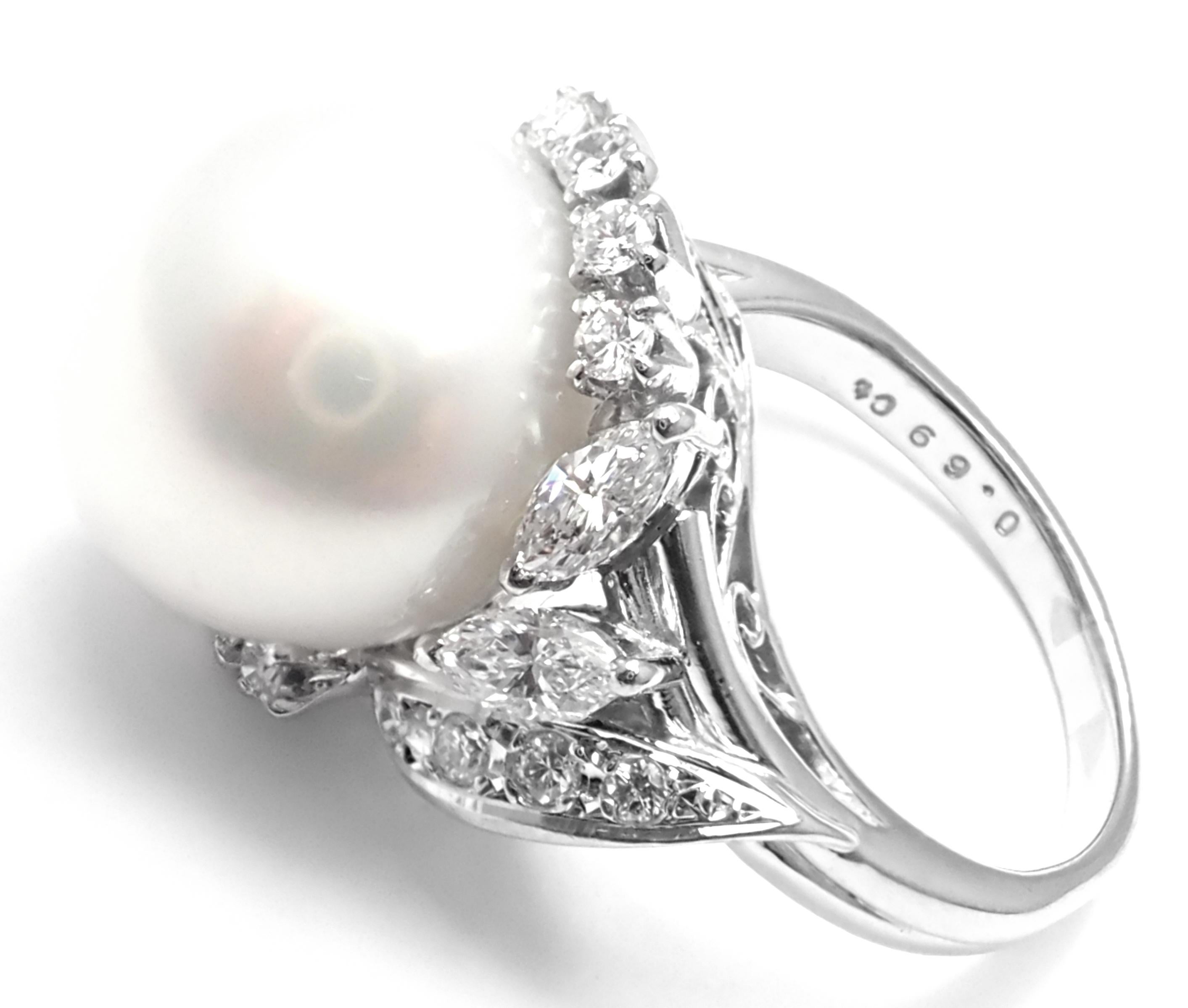 Mikimoto Large South Sea Pearl Diamond Platinum Ring In Excellent Condition In Holland, PA