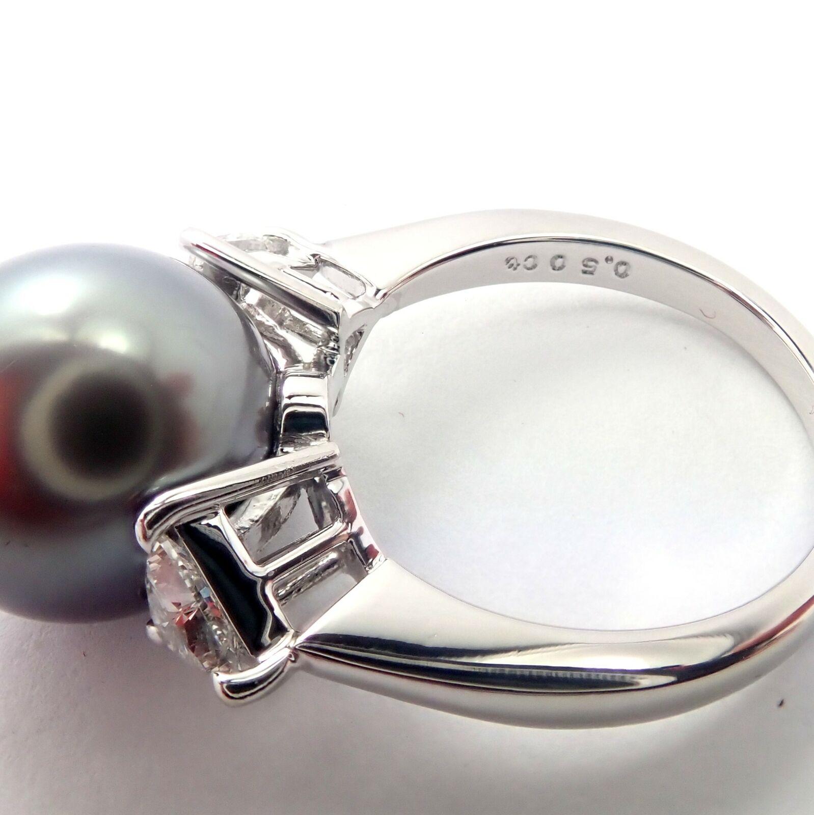 Mikimoto Large Tahitian Pearl Diamond Platinum Ring For Sale 2