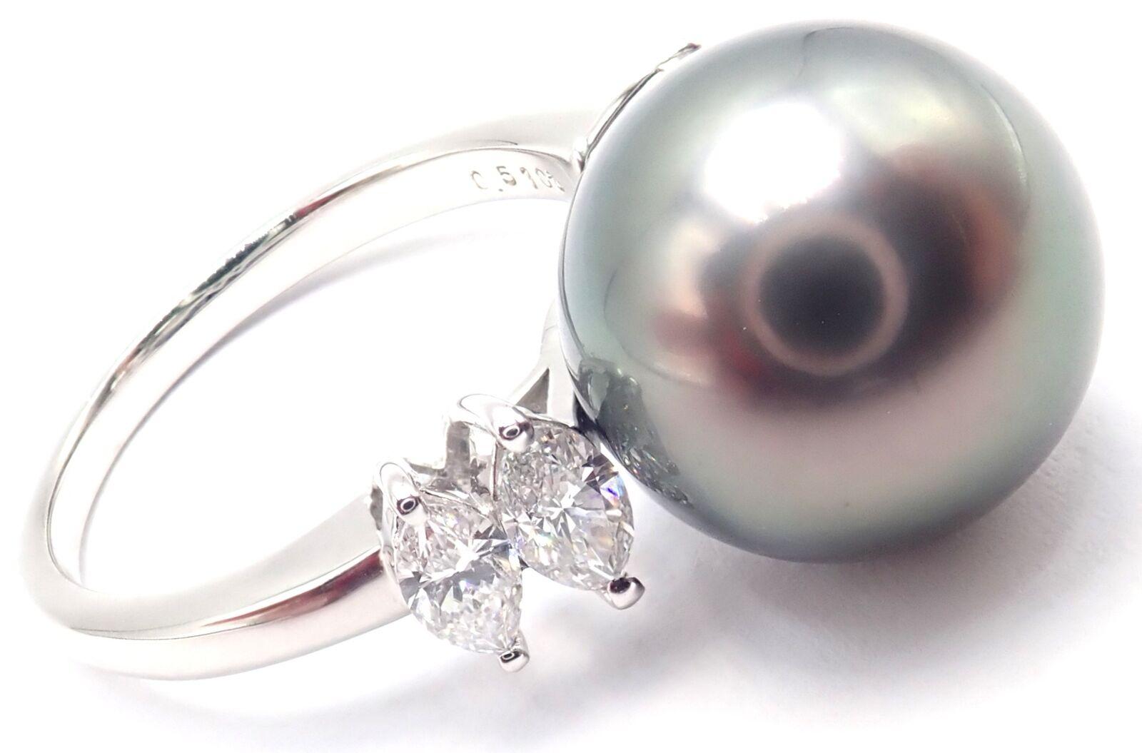 Marquise Cut Mikimoto Large Tahitian Pearl Diamond Platinum Ring