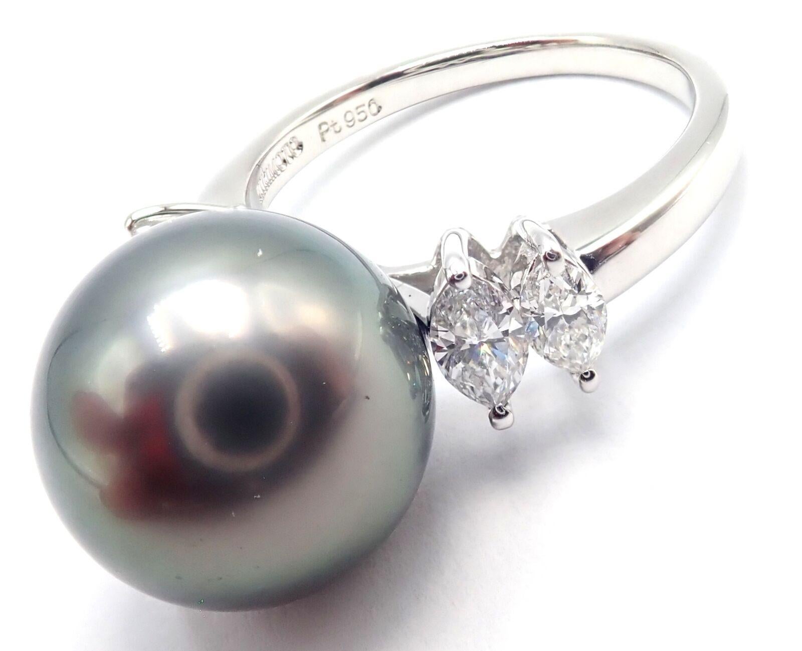 Mikimoto Large Tahitian Pearl Diamond Platinum Ring In Excellent Condition In Southampton, PA