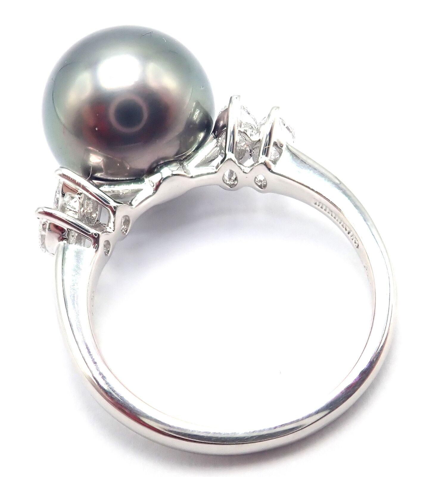 Mikimoto Large Tahitian Pearl Diamond Platinum Ring 1