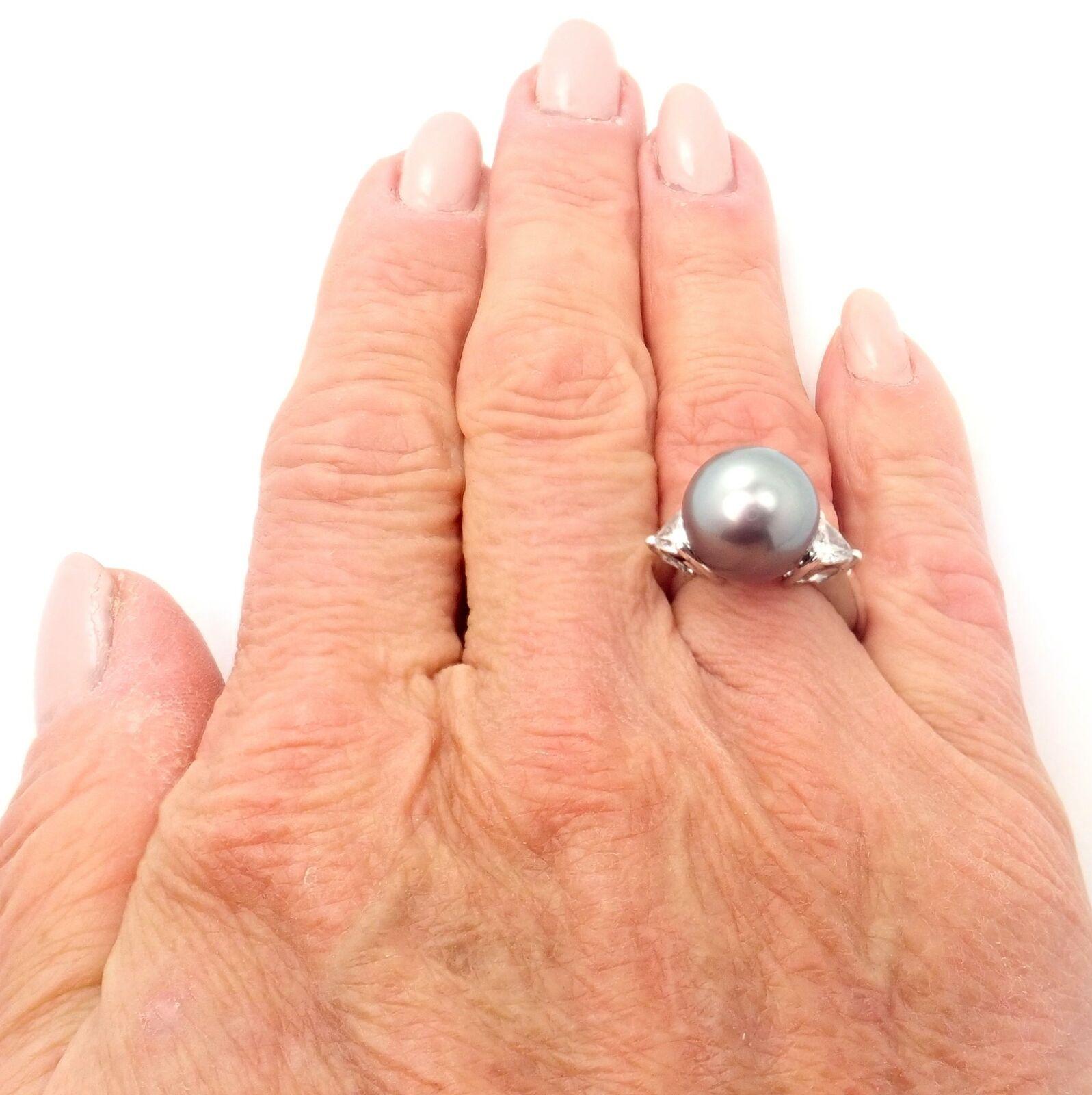 Mikimoto Large Tahitian Pearl Diamond Platinum Ring In Excellent Condition For Sale In Holland, PA